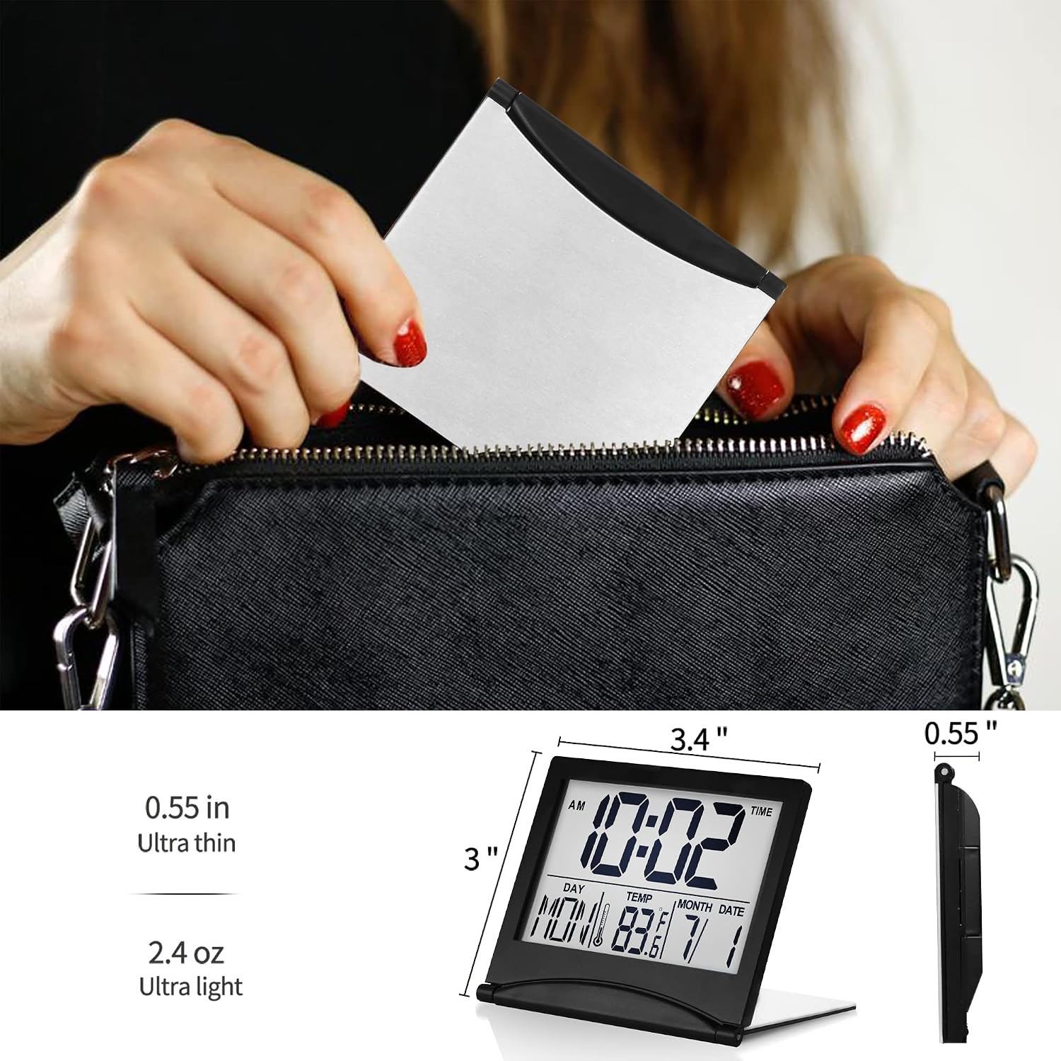 Betus Digital Travel Alarm Clock - Foldable Calendar Temperature Timer LCD Clock with Snooze Mode - Large Number Display, Battery Operated - Compact Desk Clock(Silver, No Backlight)