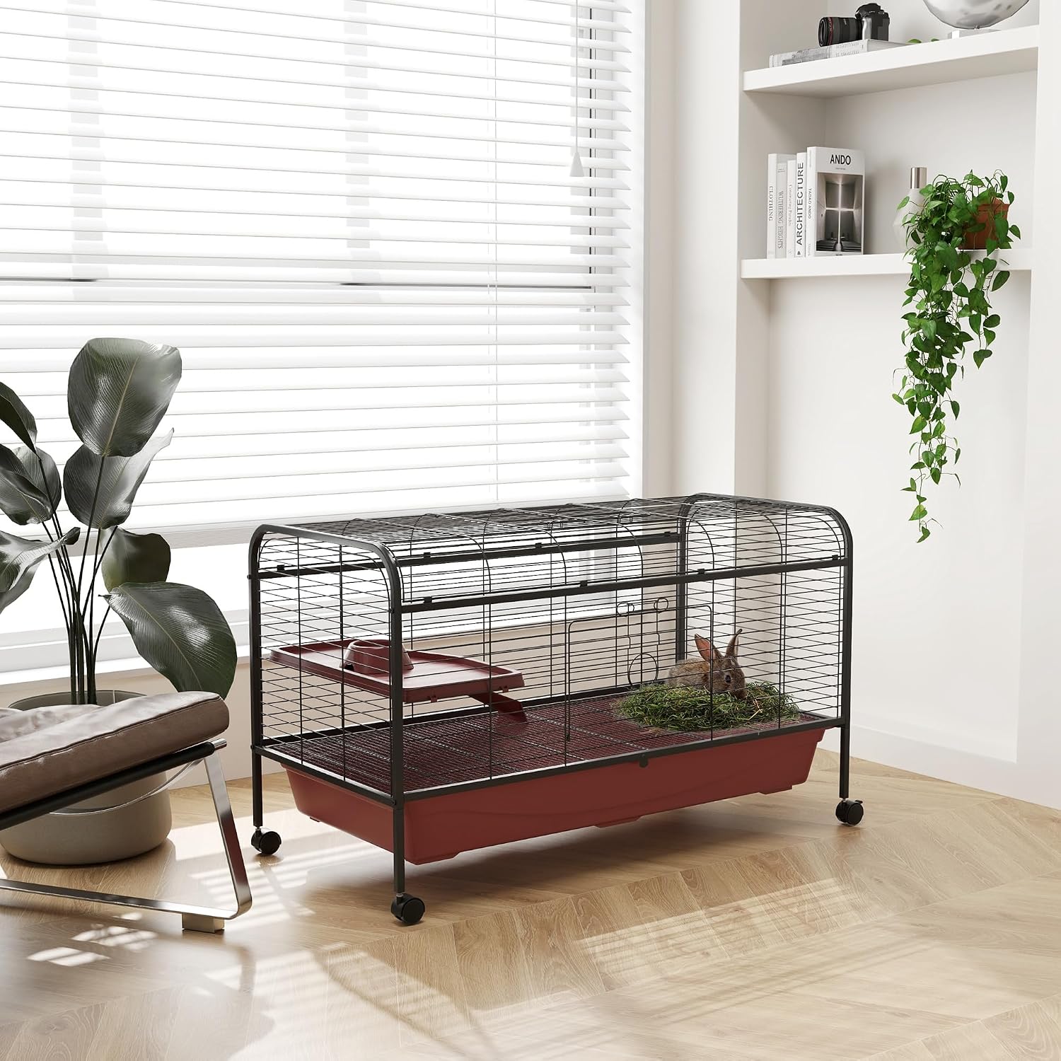 PawHut 41" L Small Animal Cage Rabbit Hutch with Feeder, Rolling Wheels Red