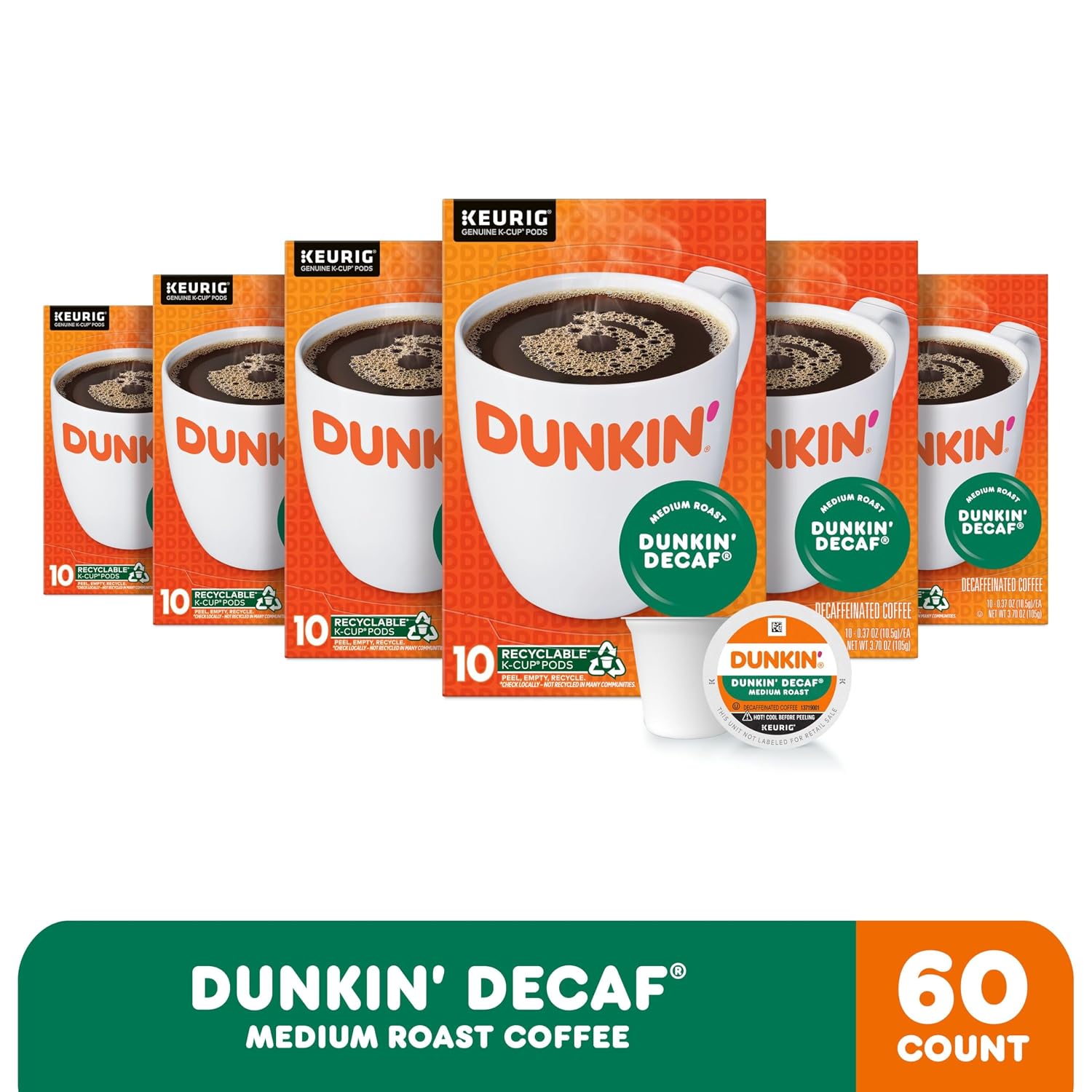Dunkin’ Decaf Medium Roast Coffee, Keurig K-Cup Pods, 60 Count