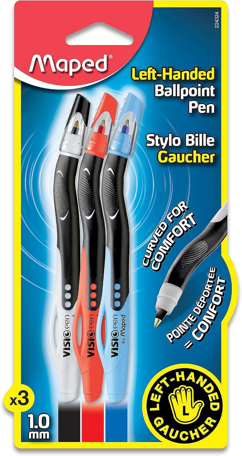 Maped - Visio - Left-handed ballpoint pens - Black ink - 2 count | Smudge-Resistant Quick Dry Technology - Ergonomic Comfort Grip - Smooth Consistent Writing - School Office Home Use