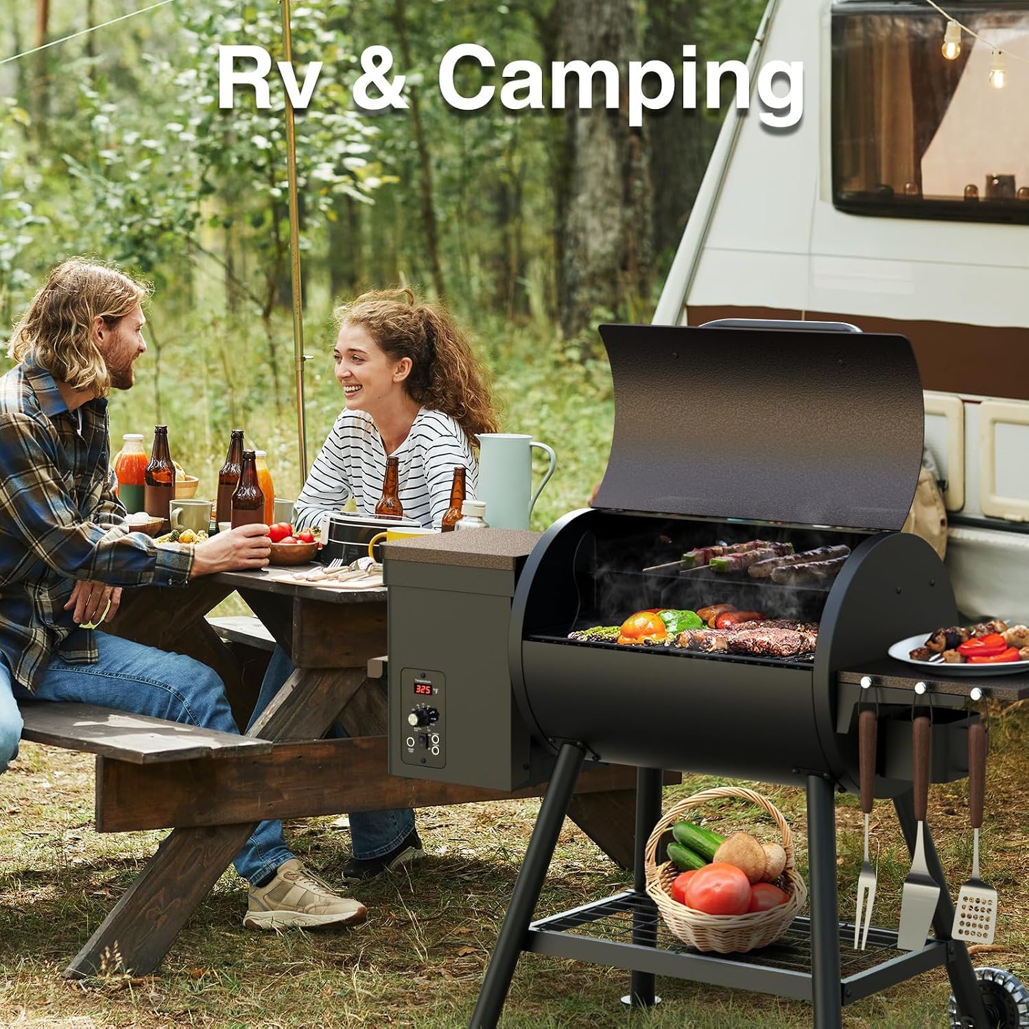 KingChii Electric Wood Pellet Grill & Smoker with Side Shelf, 456 SQ.IN Grill Capacity, with PID Temperature Control (180-425°F) for Backyard Camping Bake and Roast, Black