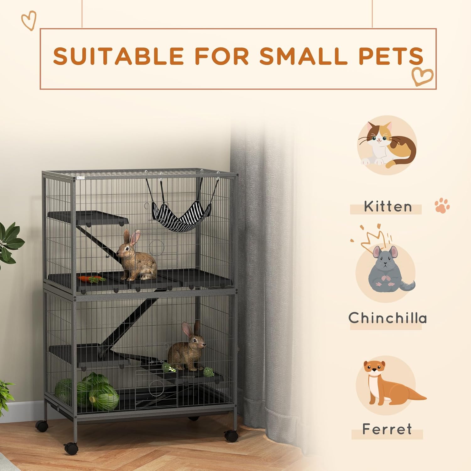 PawHut Metal Small Animal Cage, 4-Tiers Rolling Big Ferret Cage, Gray