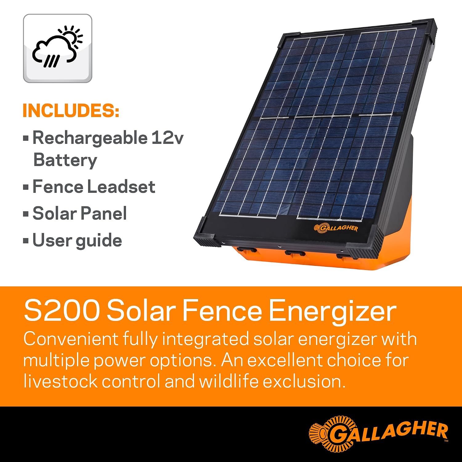 Gallagher S200 Solar Electric Fence Charger | 2.0 Joule Solar Powered Fence Energizer | Two Power Modes for Wildlife Deterrence and Livestock