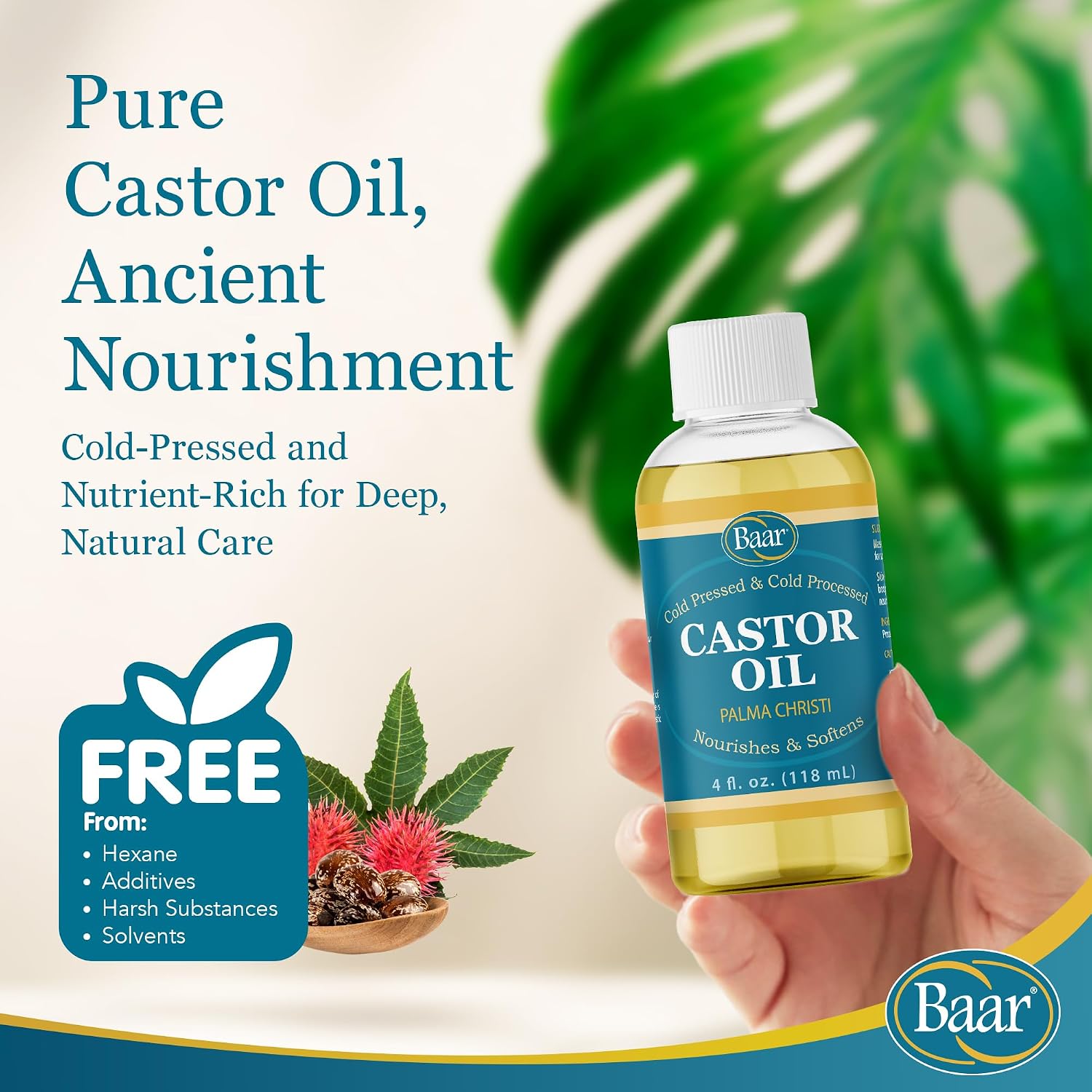 Baar Cold-Pressed Castor Oil, Cold-Processed, Hexane-Free, Palma Christi, for Skin, Hair, Massage & Castor Oil Packs, BPA-Free Bottle, 32 oz | Hexane free, Palma Christi oil, BPA-free bottle, skin, hair and massage applications