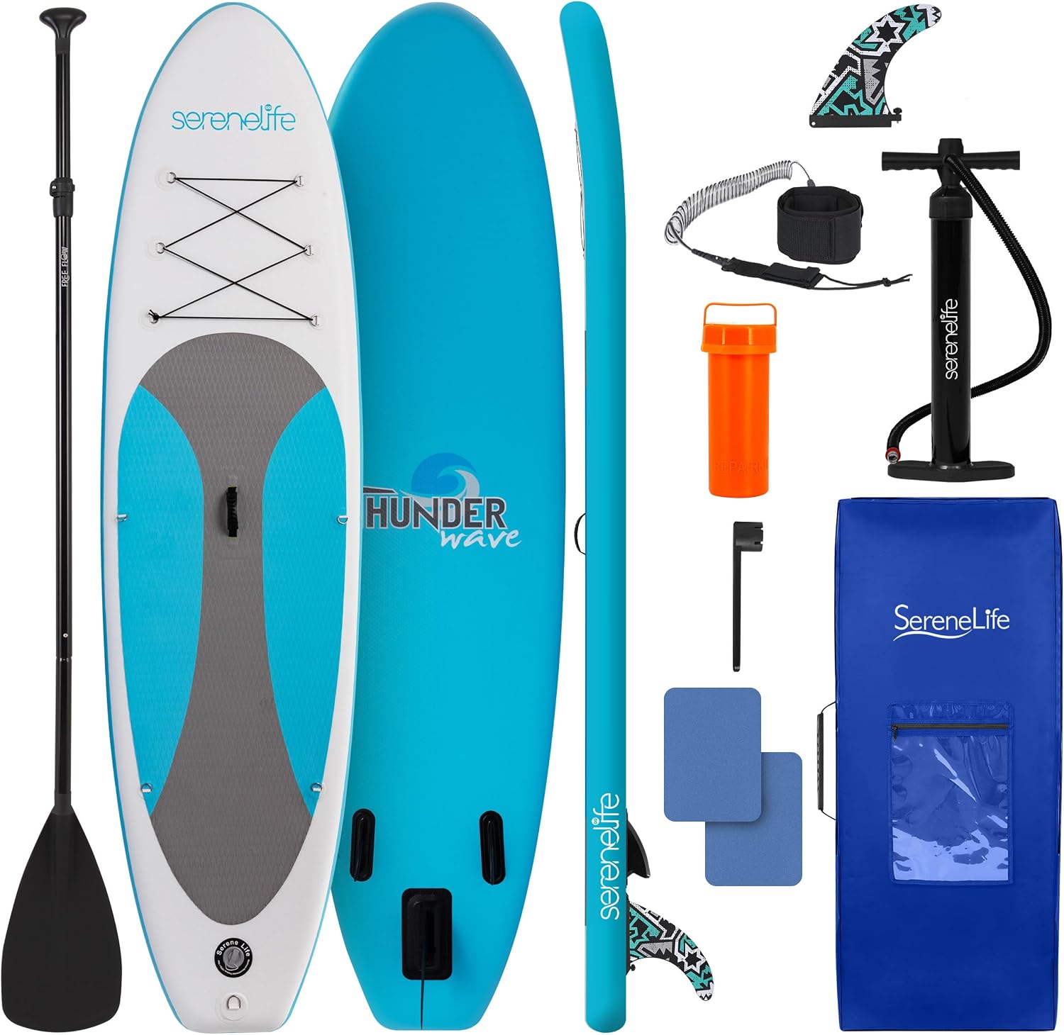 SereneLife 10’ Inflatable Stand Up Paddle Board with Premium SUP Accessories - Wide Stable Design with Non-Slip EVA Deck Pad, for Youth and Adults, 350 lbs. Capacity