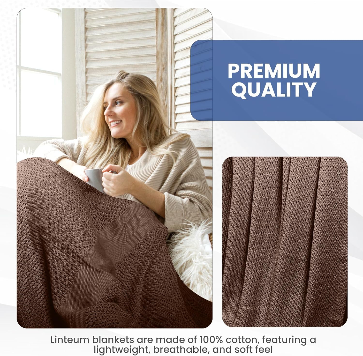 Linteum 100% Cotton Open-Cell Leno Weave Blanket — Breathable All Season — Queen 90x90 — Ice Grey