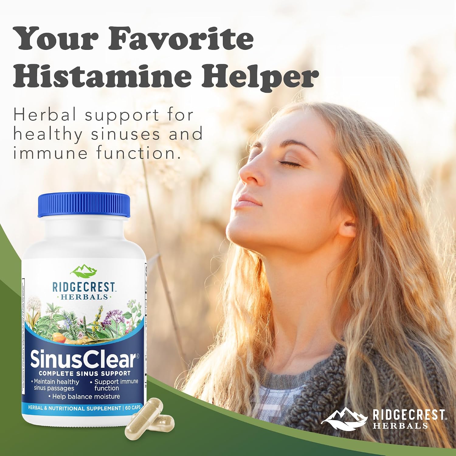 RidgeCrest Herbals SinusClear Mullein Sinus, Nasal and Immune Support 60 Ct | 30 Servings, Mullein Leaf, Bromelain, Vitamin C, Zinc