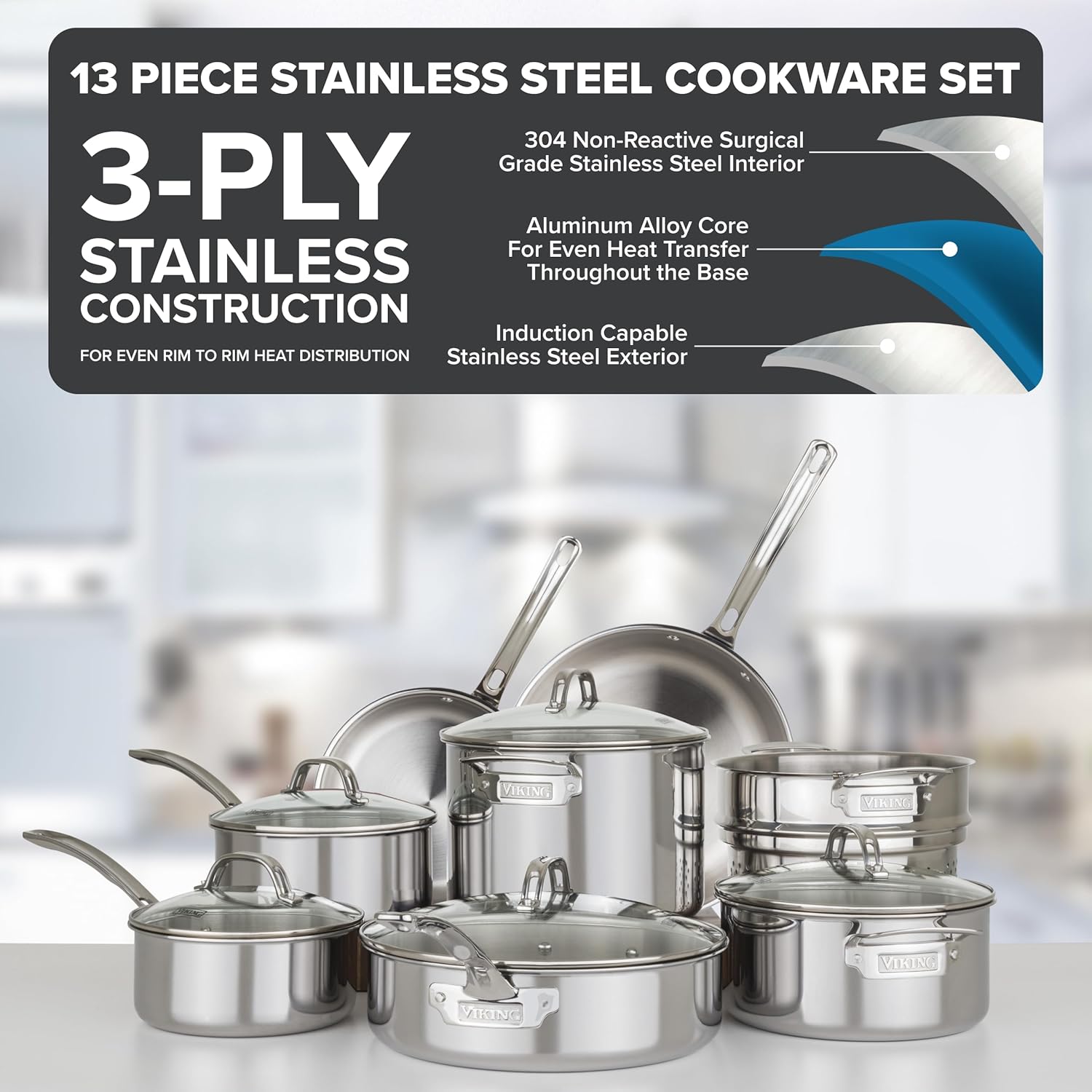 Viking 3-Ply Pots and Pans Set, 17 Piece Stainless Steel Cookware Glass Lids, Steamer Insert, Silver