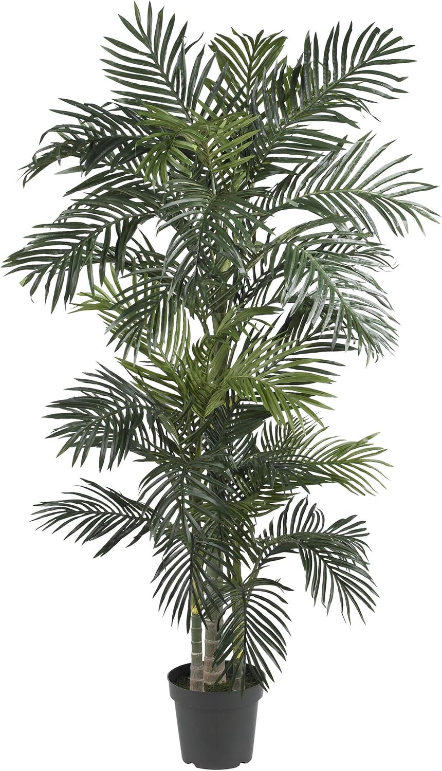 Nearly Natural 6.5 ft Artificial Golden Cane Palm Tree with Nursery Pot | Lifelike Silk Indoor Palm, Three Textured Trunks, Flexible Fronds, Low-Maintenance