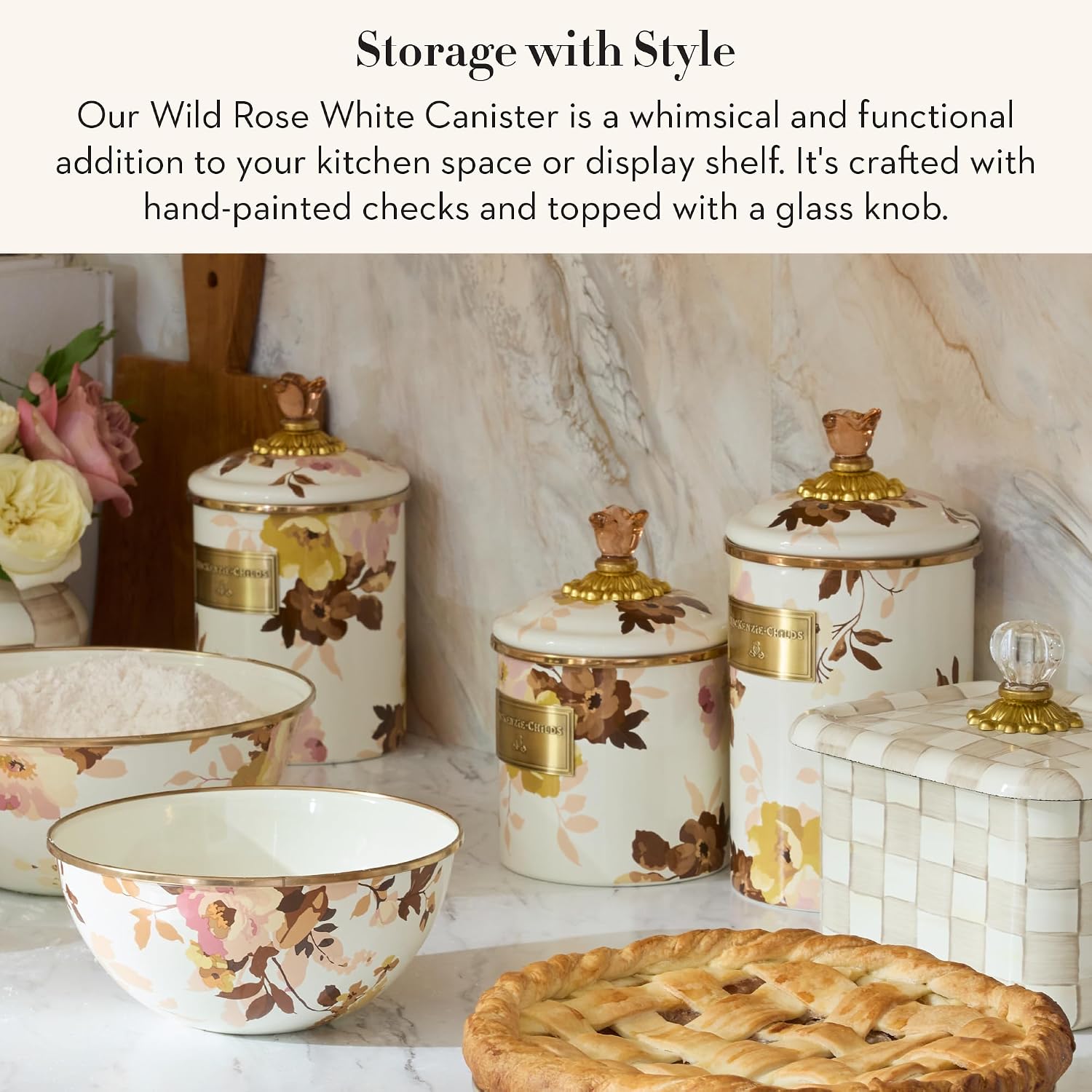 MACKENZIE-CHILDS Enamel Canister, Small, Wild Rose Brown | Hand-applied design, made from enameled steel, versatile kitchen storage container for flour and sugar, 38-ounce capacity