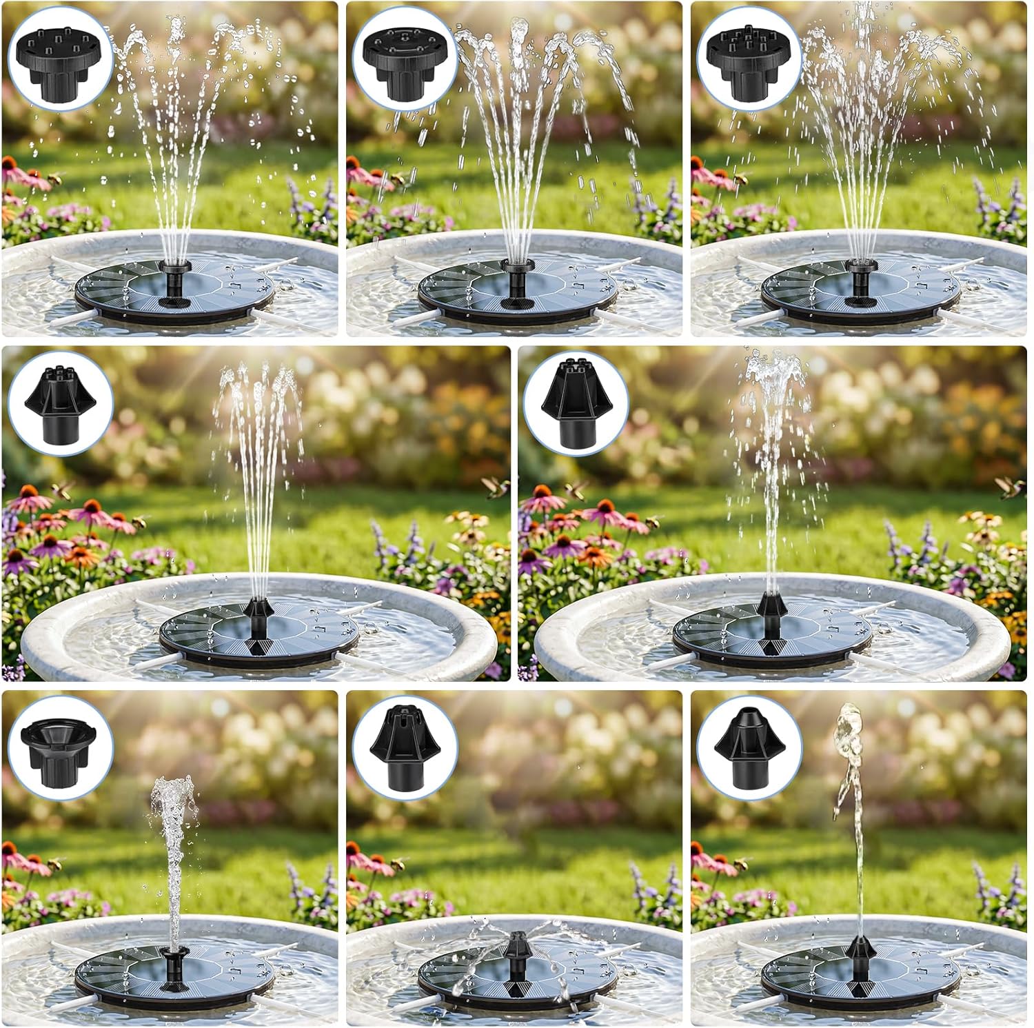 Mademax Solar Bird Bath Fountains, Upgrade 1.4W Solar Fountain Pump with 8 Nozzles & 4 Brackets