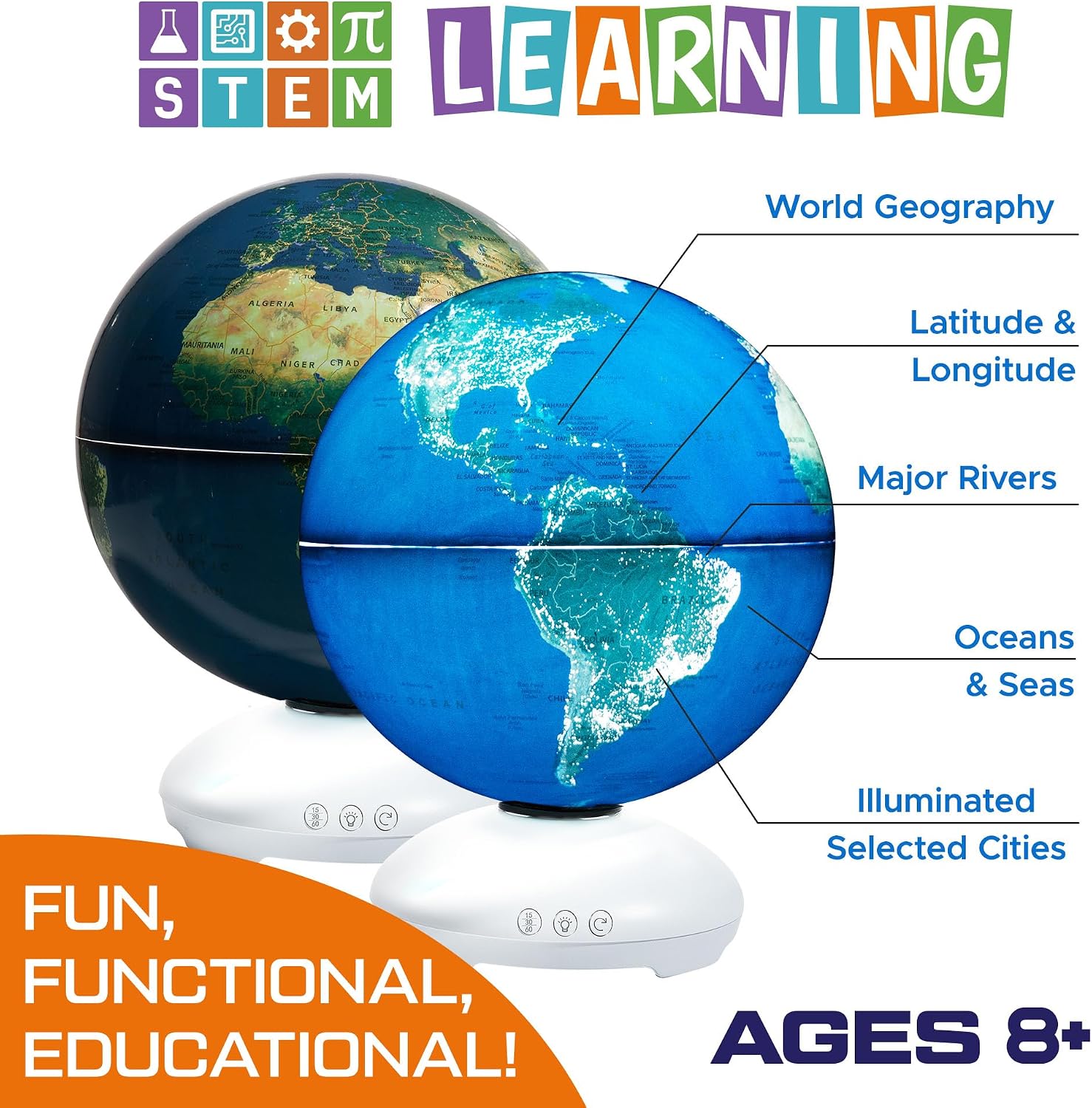 USA Toyz Illuminated World Globe with Stand - 3in1 STEM Globes for Adults and Kids, Constellation Map, Built-In LED Night Light Lamp, Easy to Read Texts, Non-Tip Base, 13.5 Inch Tall, 9 Inch Diameter