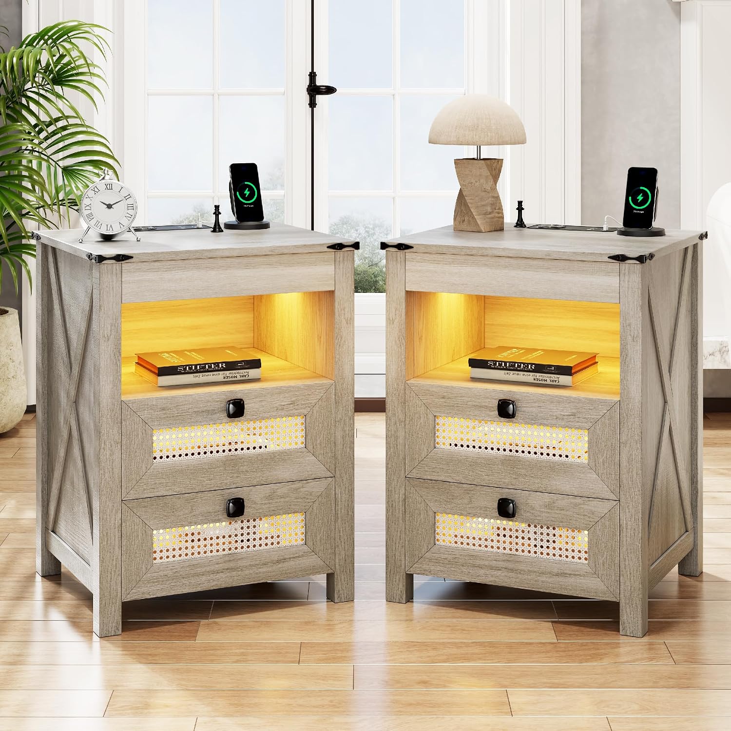 LED Night Stand with Gun Drawer & Charging Station | Human Sensor Lights, Hidden Storage, Farmhouse Rattan Style, 3 Drawers, Bedside Table for Bedroom, End Tables Livingroom