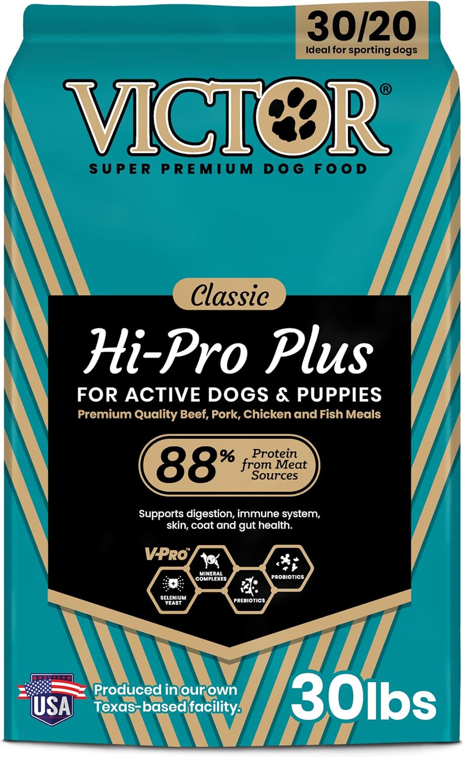 VICTOR Hi-Pro Plus Dry Dog Food - High Protein Gluten Free Dry Kibble, 5lb | Super Premium Dog Food, 30% Protein, Beef, Chicken, Pork and Fish Meals, For High Energy & Active Dogs & Puppies, 5lbs