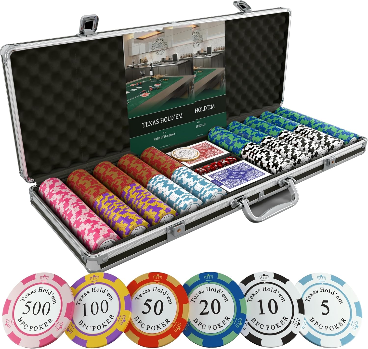 Bullets Playing Cards | Poker Set Corrado | 500 Clay Poker Chips (14 g) with Aluminum Case & Playing Cards – Texas Hold’em