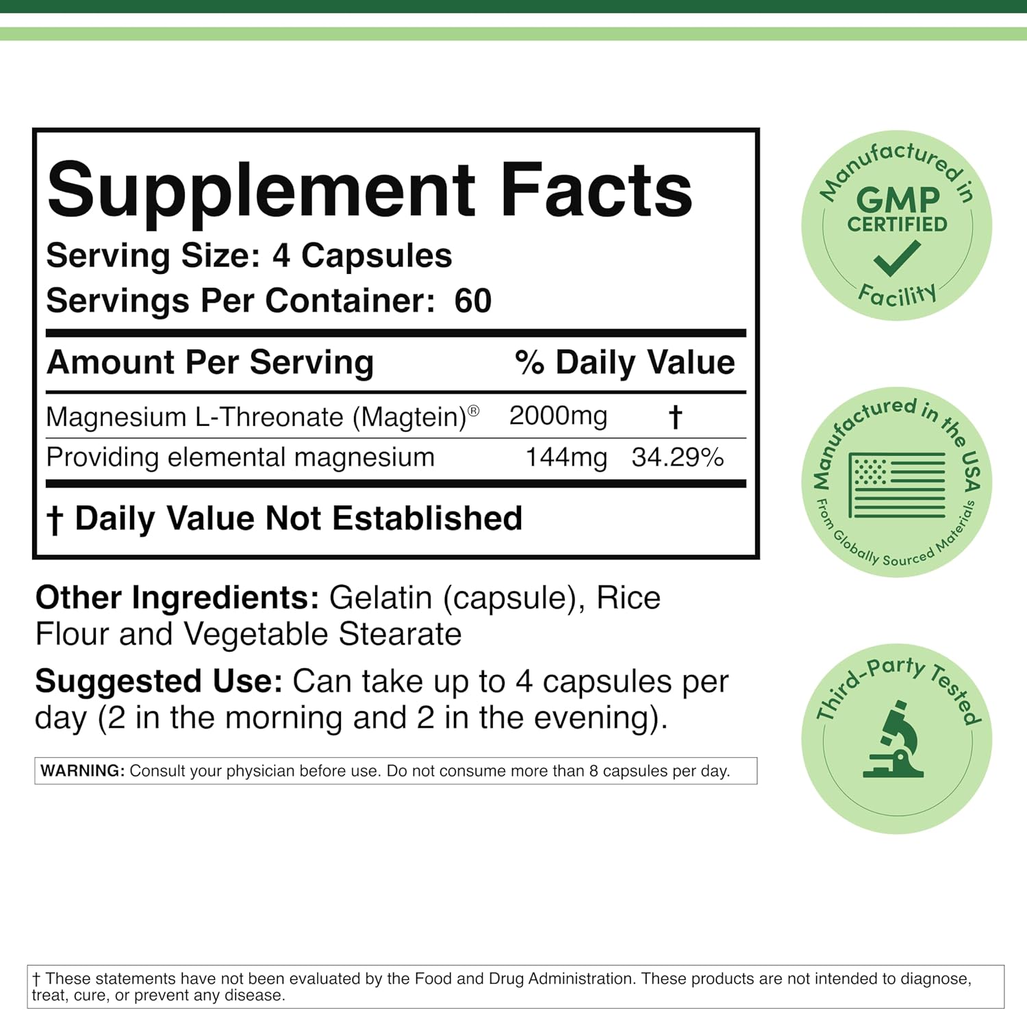 Magnesium L-Threonate 2,000mg Magtein, Natural Sleep Support, 120 Capsules | Cognitive Function, Neurological Health, Sleep + Memory Support, 90-Day Supply, MIT Patented Magtein Form, Third-Party Tested