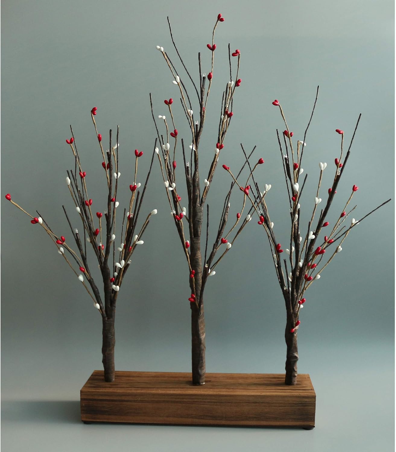 Battery Operated w/Timer Illuminated Pip Berry Tree Centerpiece Lighted Three Trees Tabletop LED Lights, for Home/Party/Wedding/Festival/Indoor Decoration, 21-Inch