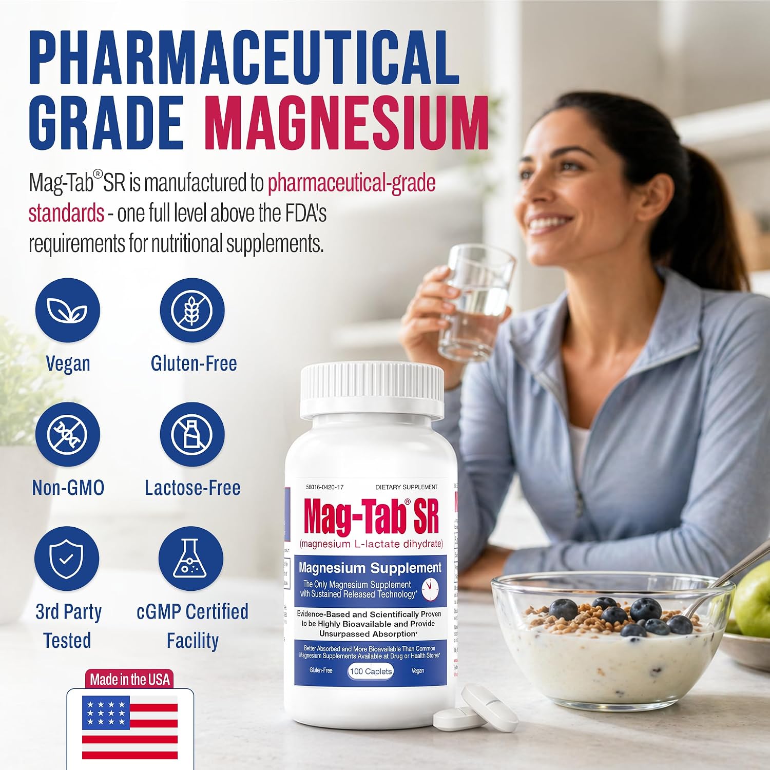 Extended Release Magnesium Lactate Delivery for 10x Better Absorption-Mag-Tab SR (Sustained Release) 100 Count-Supports Sleep, Muscle Cramps