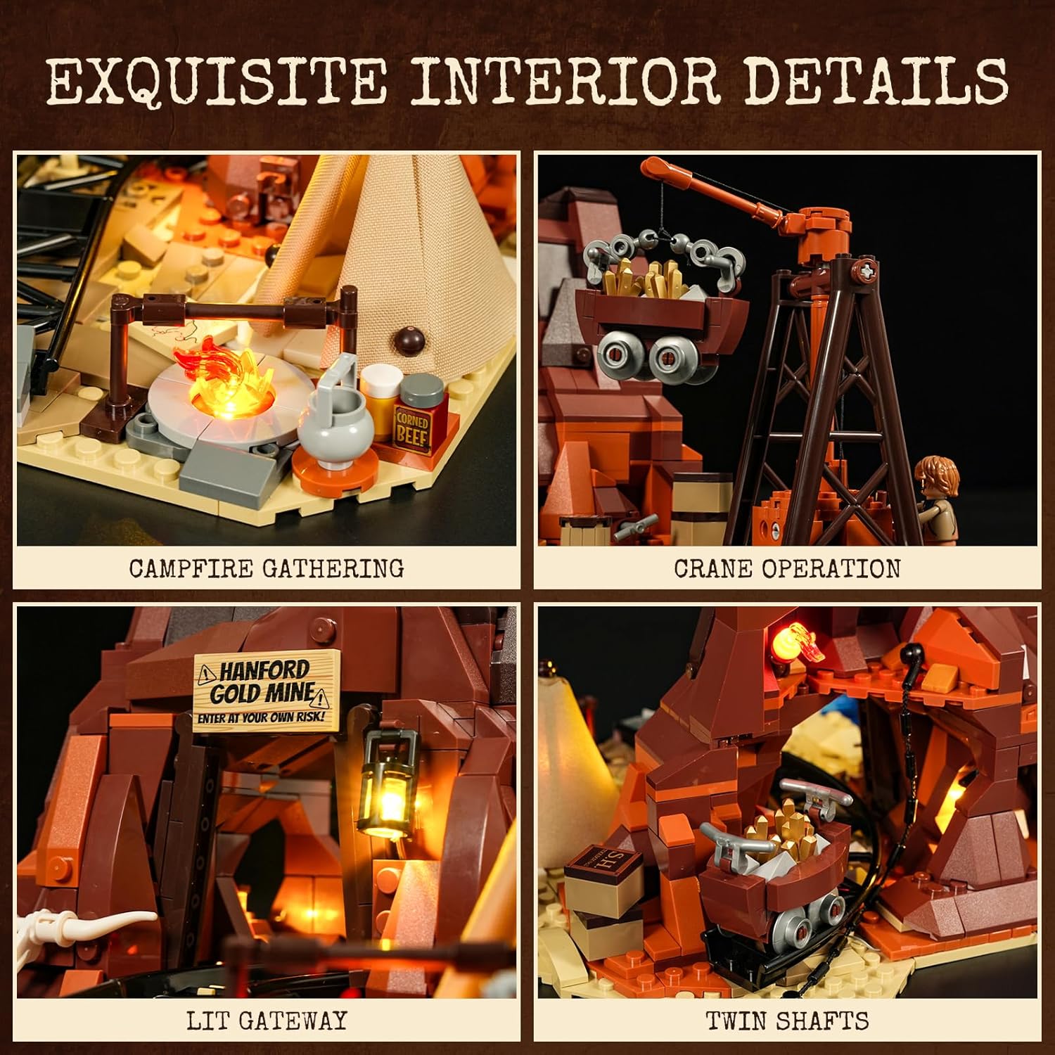 Lumibricks Wild West Gold Mine Lighting Building-Bricks Set - Western Prospector’s Dig Entrance 658 Pcs Mining Playset for Adults and West Lovers