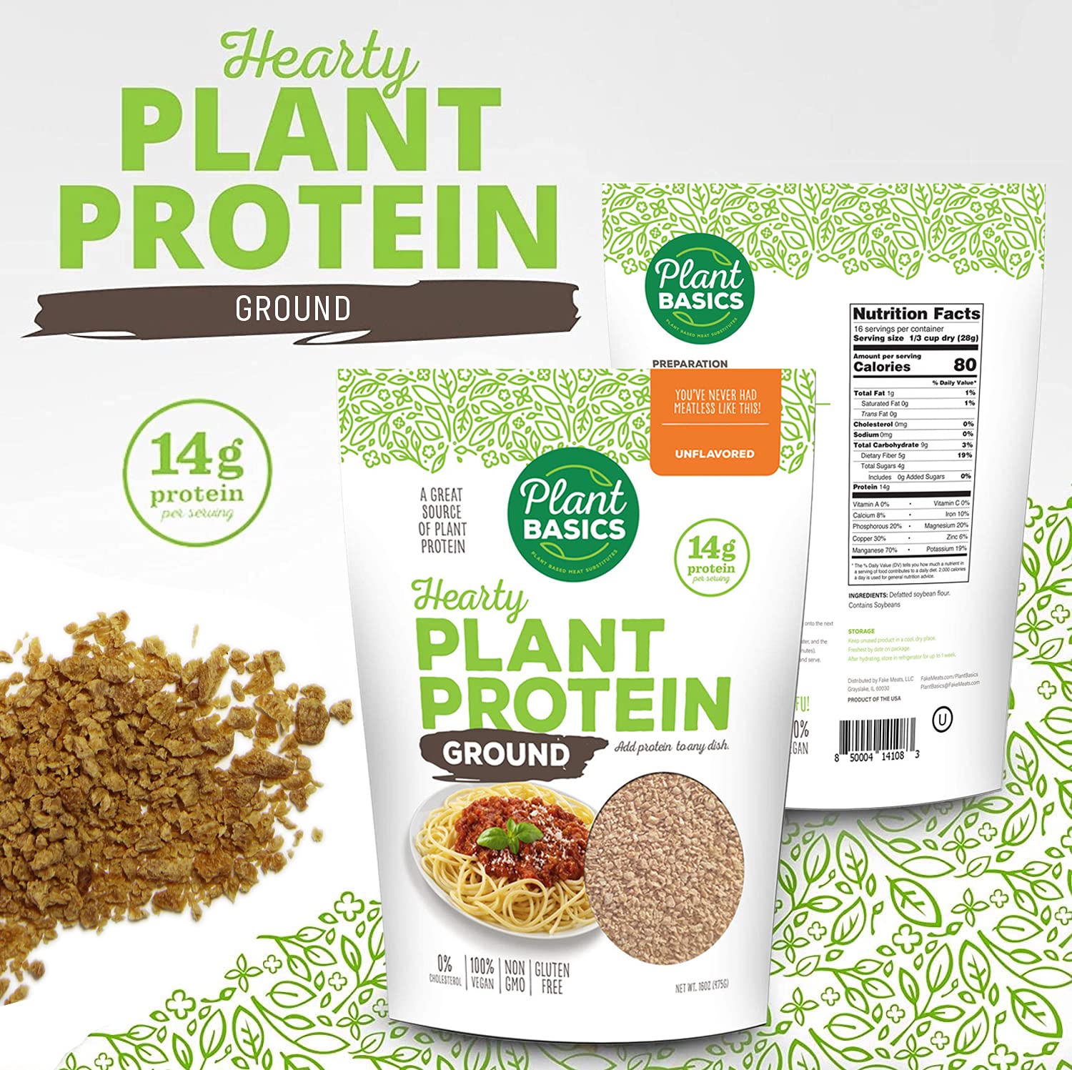 Plant Basics - Hearty Plant Protein - Unflavored Ground, 1 lb (Pack of 6), Non-GMO, Gluten Free, Low Fat, Low Sodium, Vegan, Meat Substitute