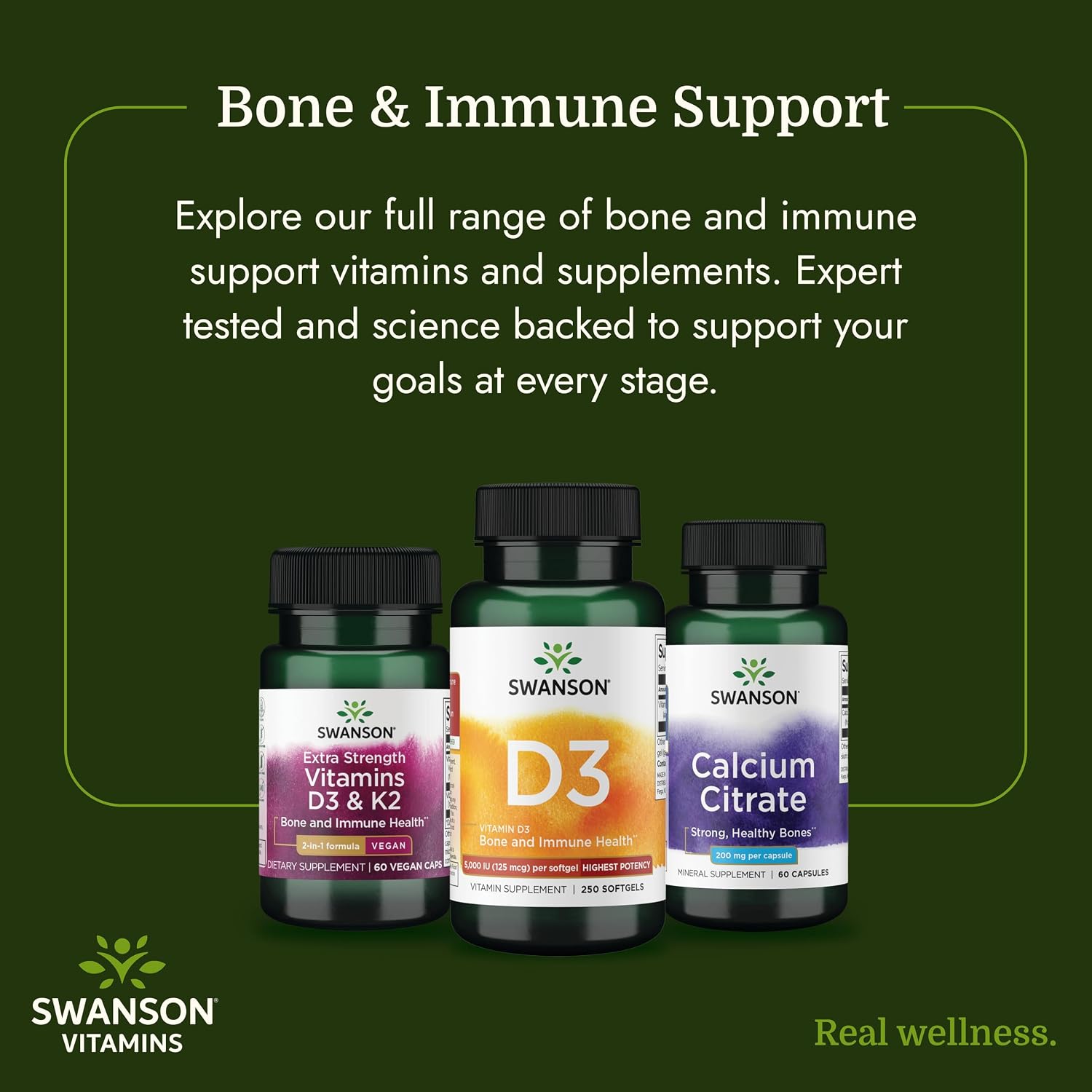 Swanson Vitamin D3 5,000 IU, 125 mcg Cholecalciferol, 250 Softgels | For Sun-Deprived Adults Seeking Bone, Immune, and Heart Support, 125 mcg Cholecalciferol, the Active Vitamin D3