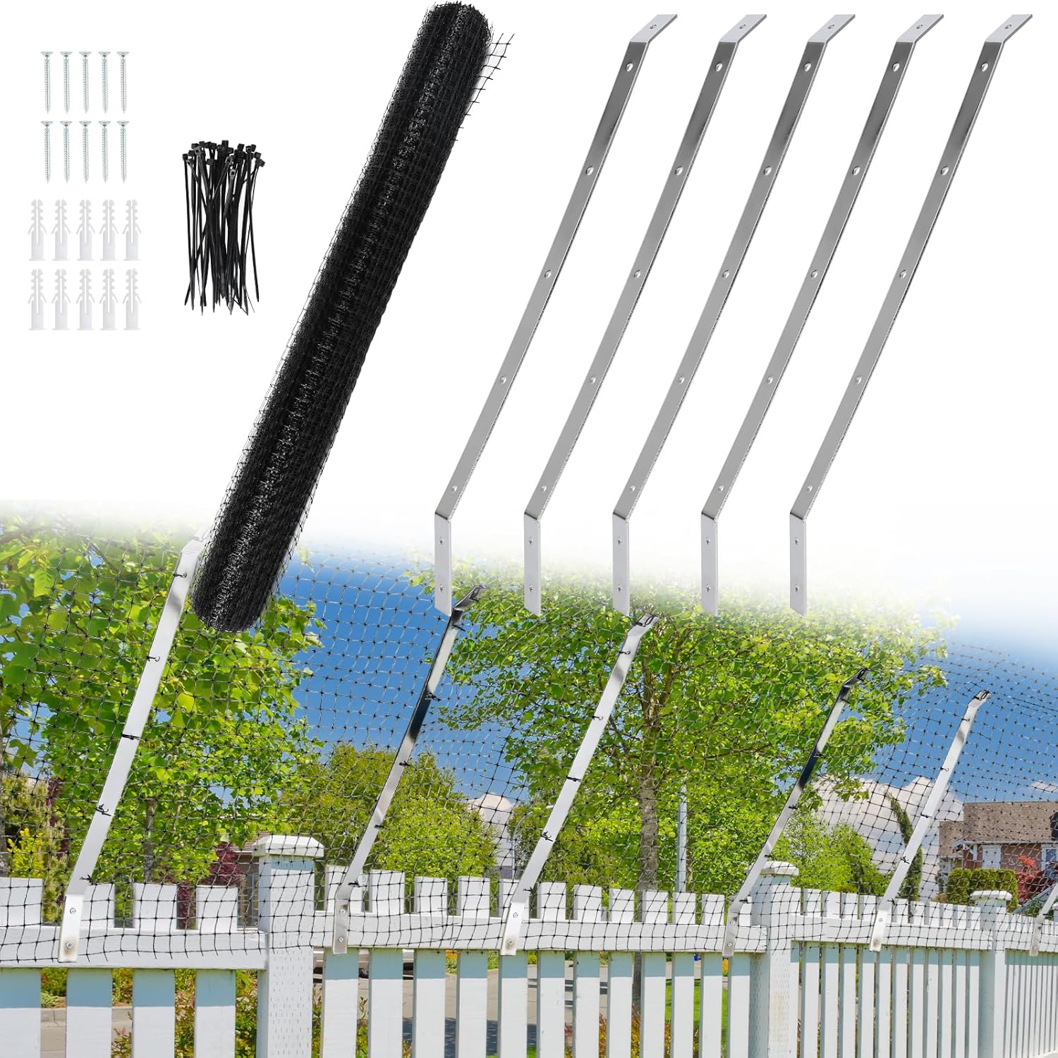 Cat Fence Retrofit System Curved Fence Extenders Anti-Climb Jump Outdoor Barrier Galvanized Steel Toppers & Poly Mesh Containment Barrier for Wood