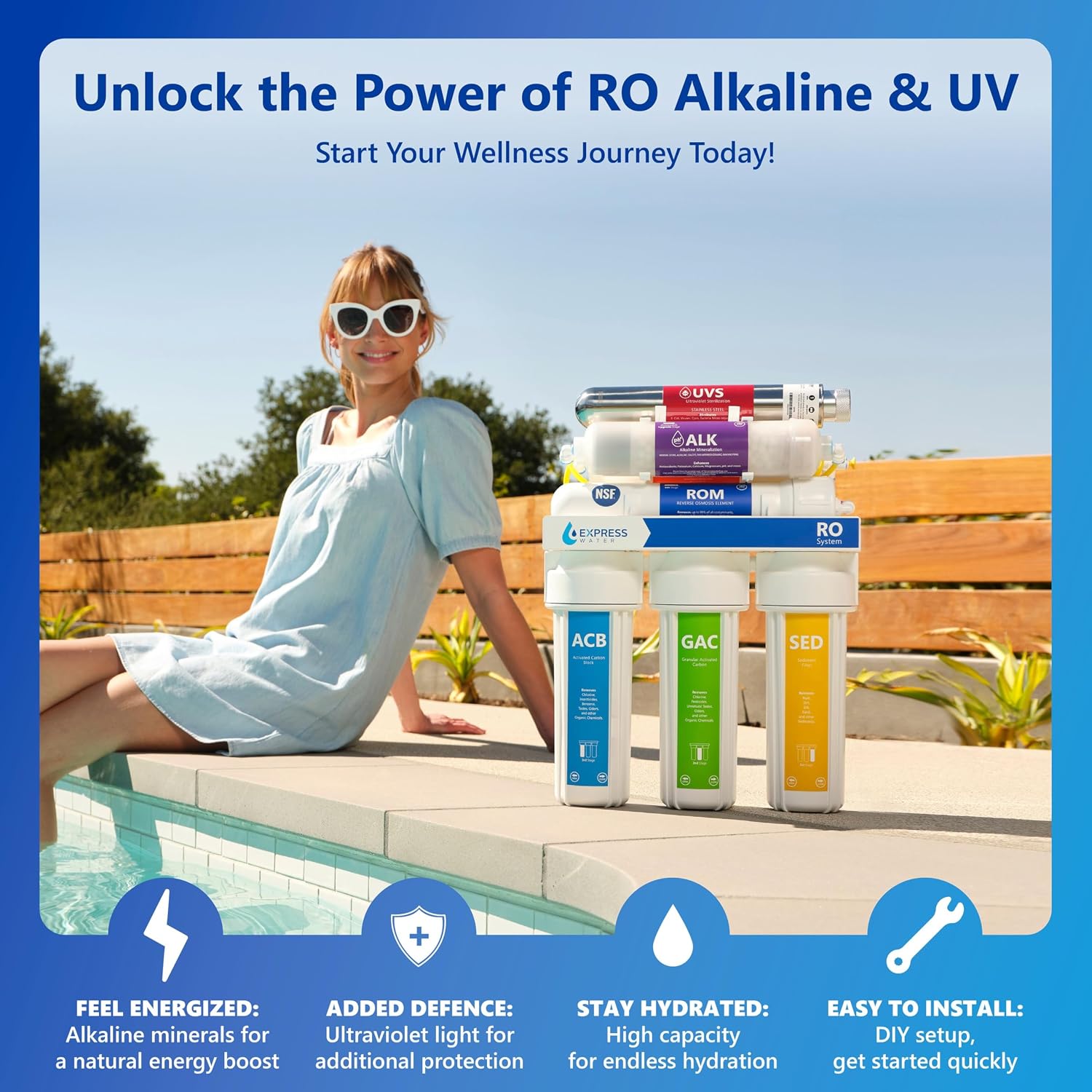 Express Water ROALK5D, 10-Stage Under Sink RO System, Alkaline, 50 GPD | NSF Certified 372, Deluxe Chrome Facuet, Reduces 99% of Impurities, BPA Free, Leak Detection