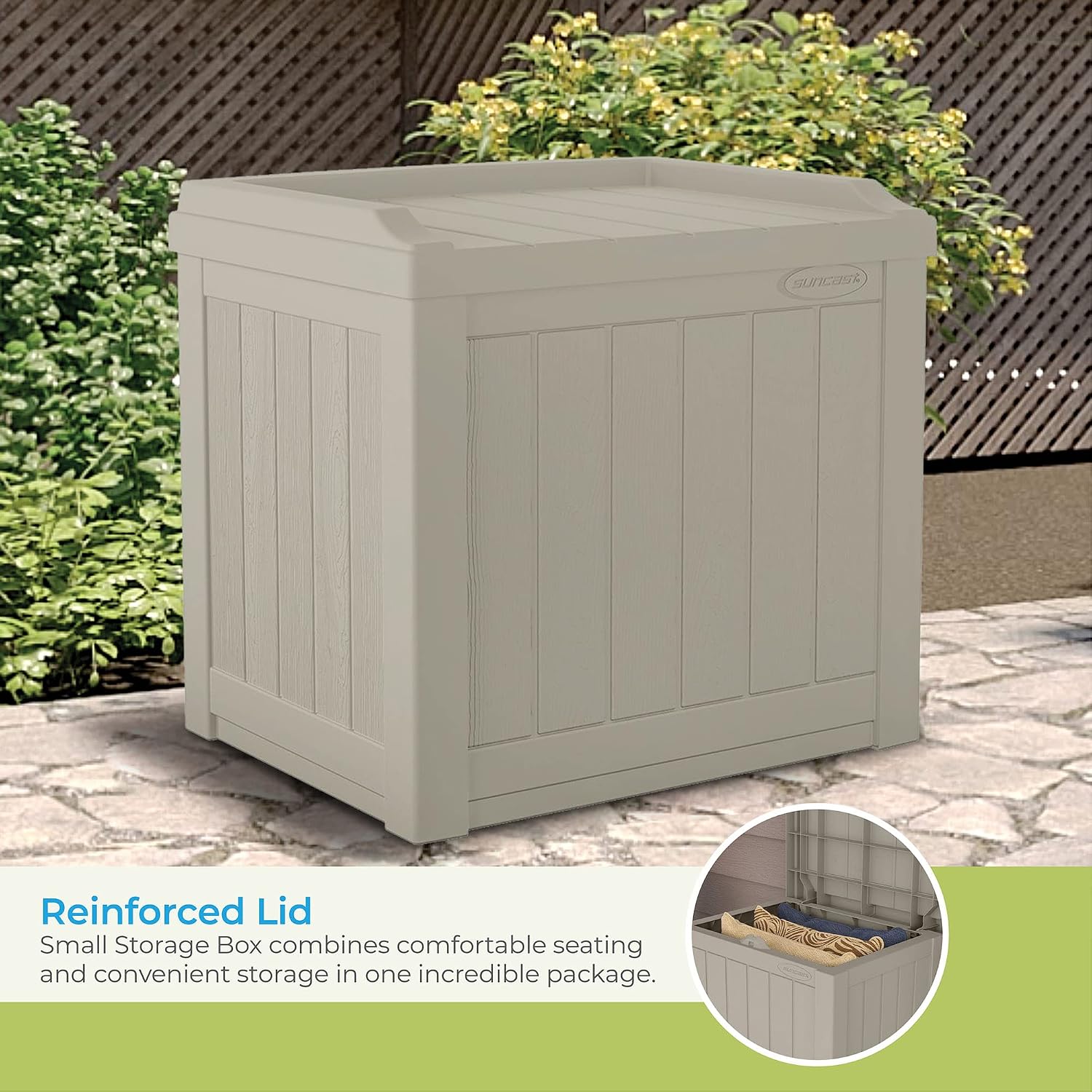 Suncast Outdoor Storage Box - 22 Gallon Light Taupe Resin Outdoor Deck Box with Seat, Weatherproof Patio Storage Bin Container for Keeping Cushions