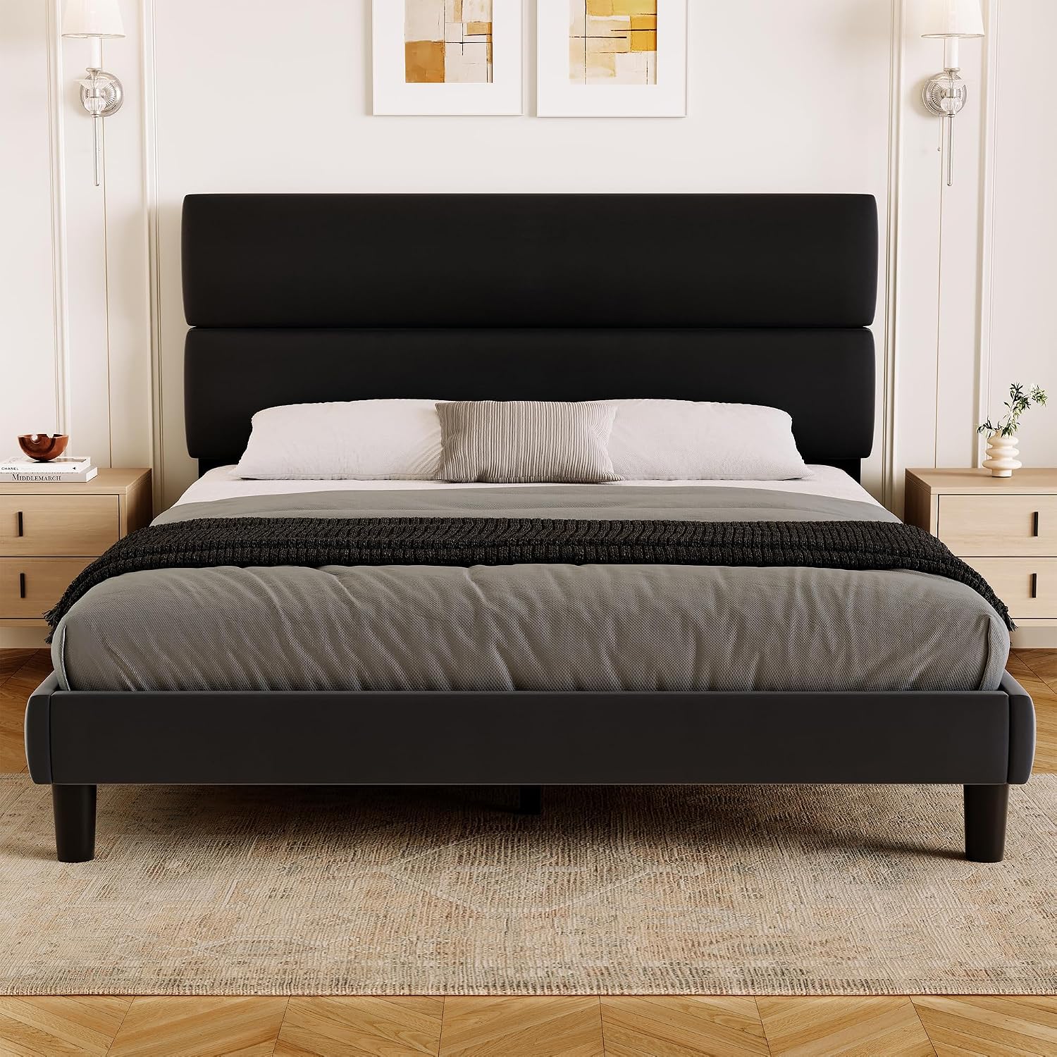 GRUSIGN Queen Size Platform Bed Frame with Velvet Headboard, Adjustable Height Wooden Slats Support, Upholstered Mattress Foundation, Fits Mattress or Mattress with Box Spring, Easy Assembly, Beige