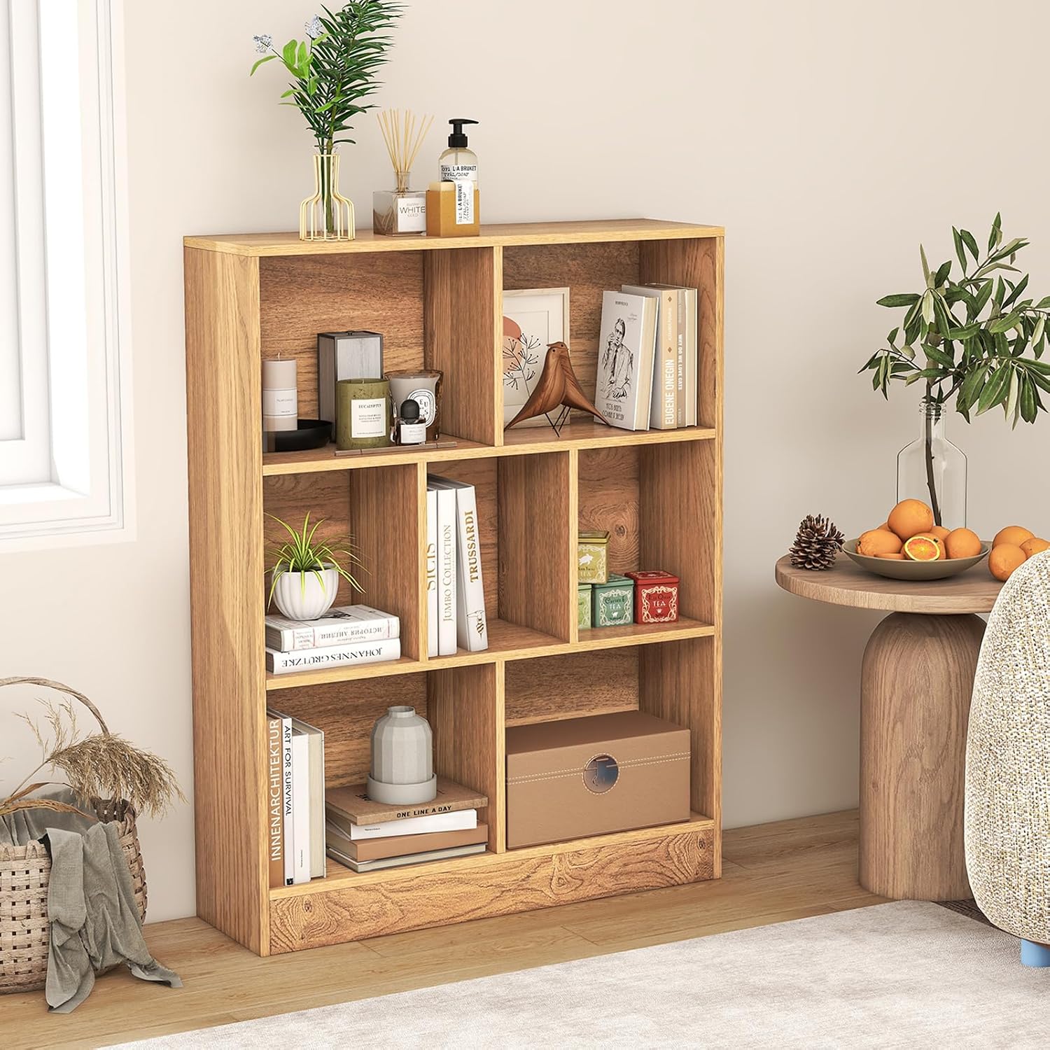 Giantex 8-Cube Bookcase, 3-Tier Cubby Bookshelf, Horizontal Vertical Display Rack with Anti-Tipping Kits, Modern Storage Organizer Shelf Unit for Bedroom, Living Room, Study (Natural, 8-Cube)