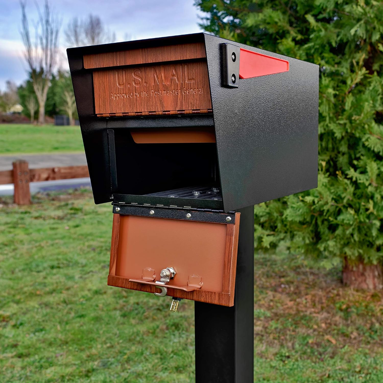 Mail Boss Curbside, Wood Grain 7510 Mail Manager Locking Security Mailbox, Steel, Black | Patented anti-pry lock, accepts small packages