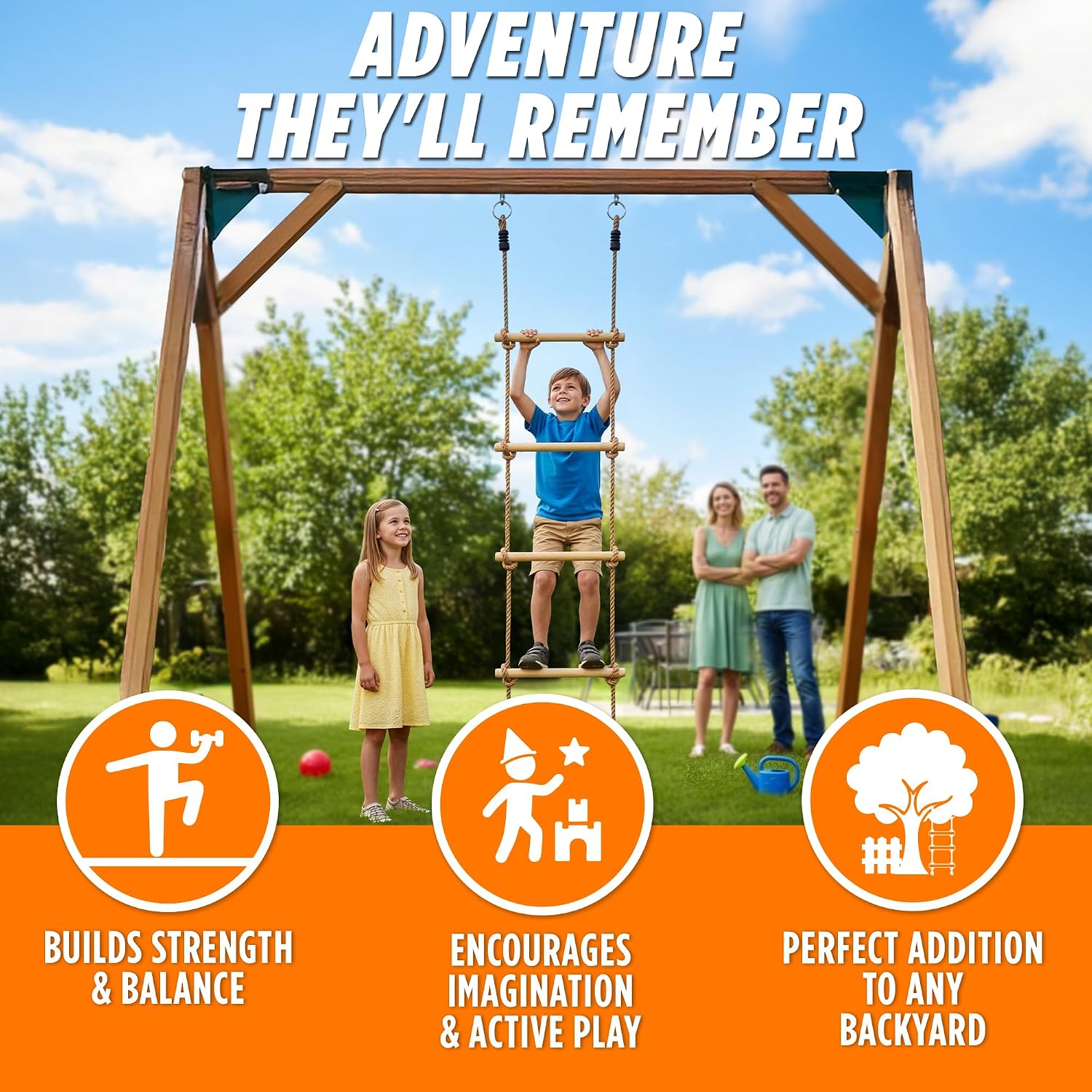Wooden Rope Ladder for Kids - 6ft Tree Climbing Ladder with Carabiners