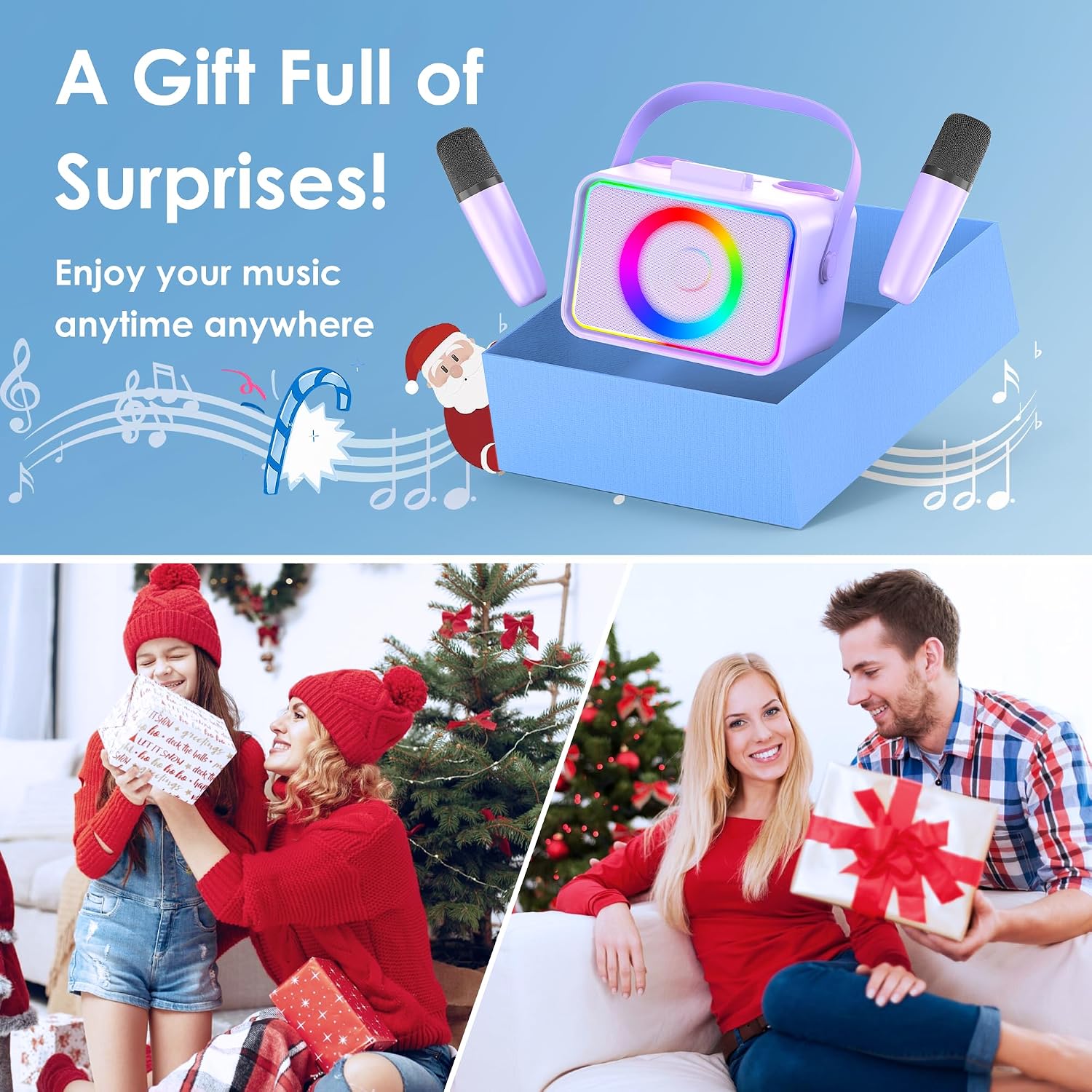 Karaoke Machine for Kids Adults,Portable Bluetooth Speaker with 2 Wireless Microphone with LED Lights, Karaoke Microphone with PA System Supports USB/TF/AUX,Gift for Party (Black)