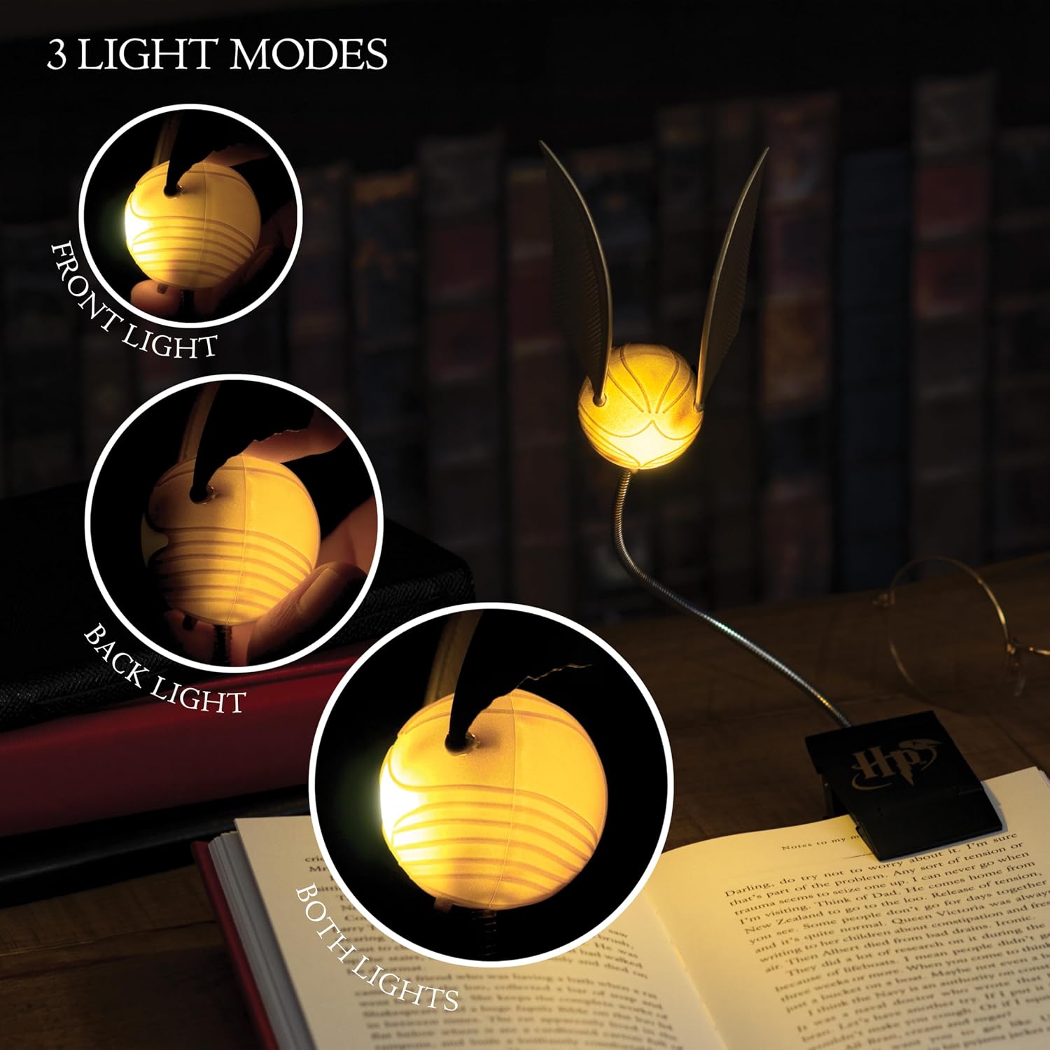 Paladone Golden Snitch Lumi Clip | Convenient Harry Potter Themed Reading Light | Dual Powered by Batteries or USB, Gold