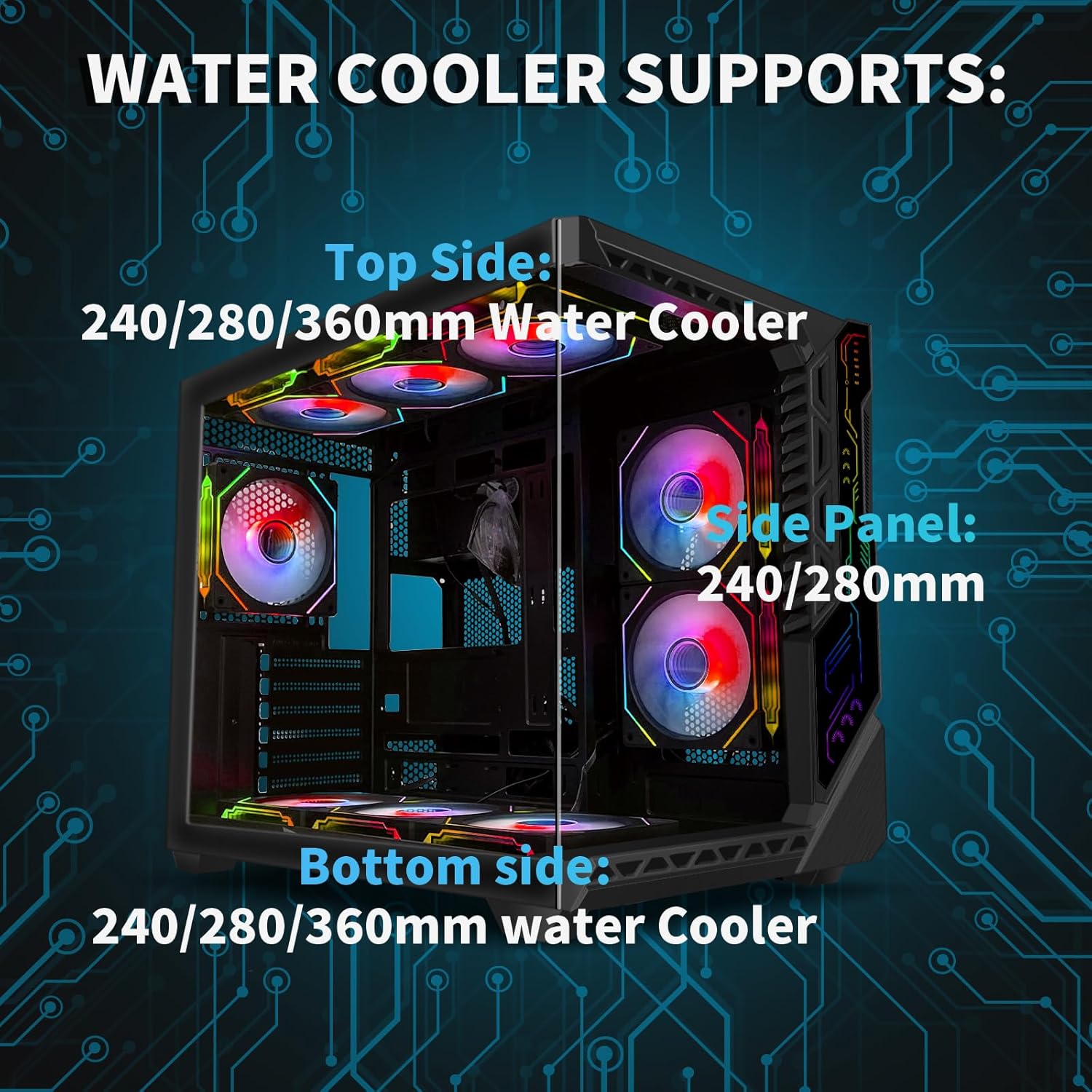 SZSKYING Mid-Tower Gaming ATX PC Case, 9 ARGB Fans with Remote, Tempered Glass, 360mm Radiator, Type-C, Black.