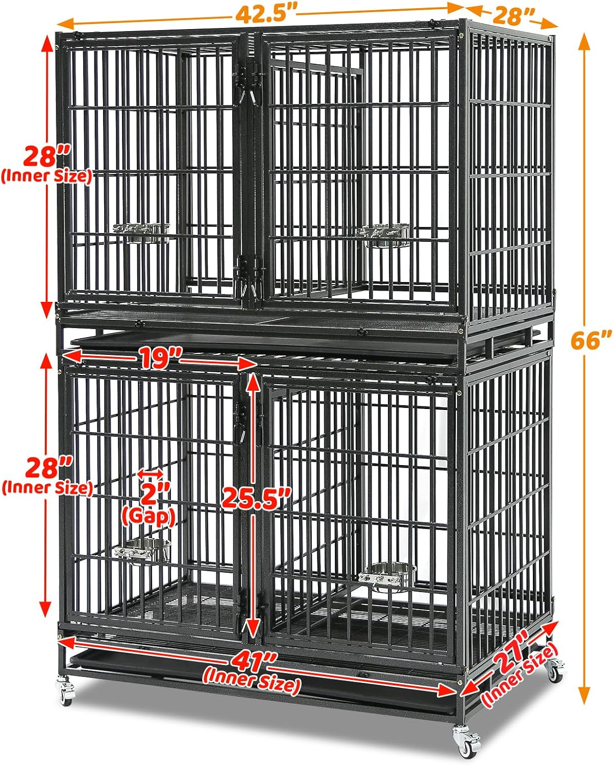 Homey Pet Taller 43" Heavy Duty Double Dog Crates with Divider & Dual Door | Drop Cage for Dogs with Lockable Wheels, Bowls, Removable Tray, Top Access, Ideal for Small to Medium & Large Dogs, Breeders
