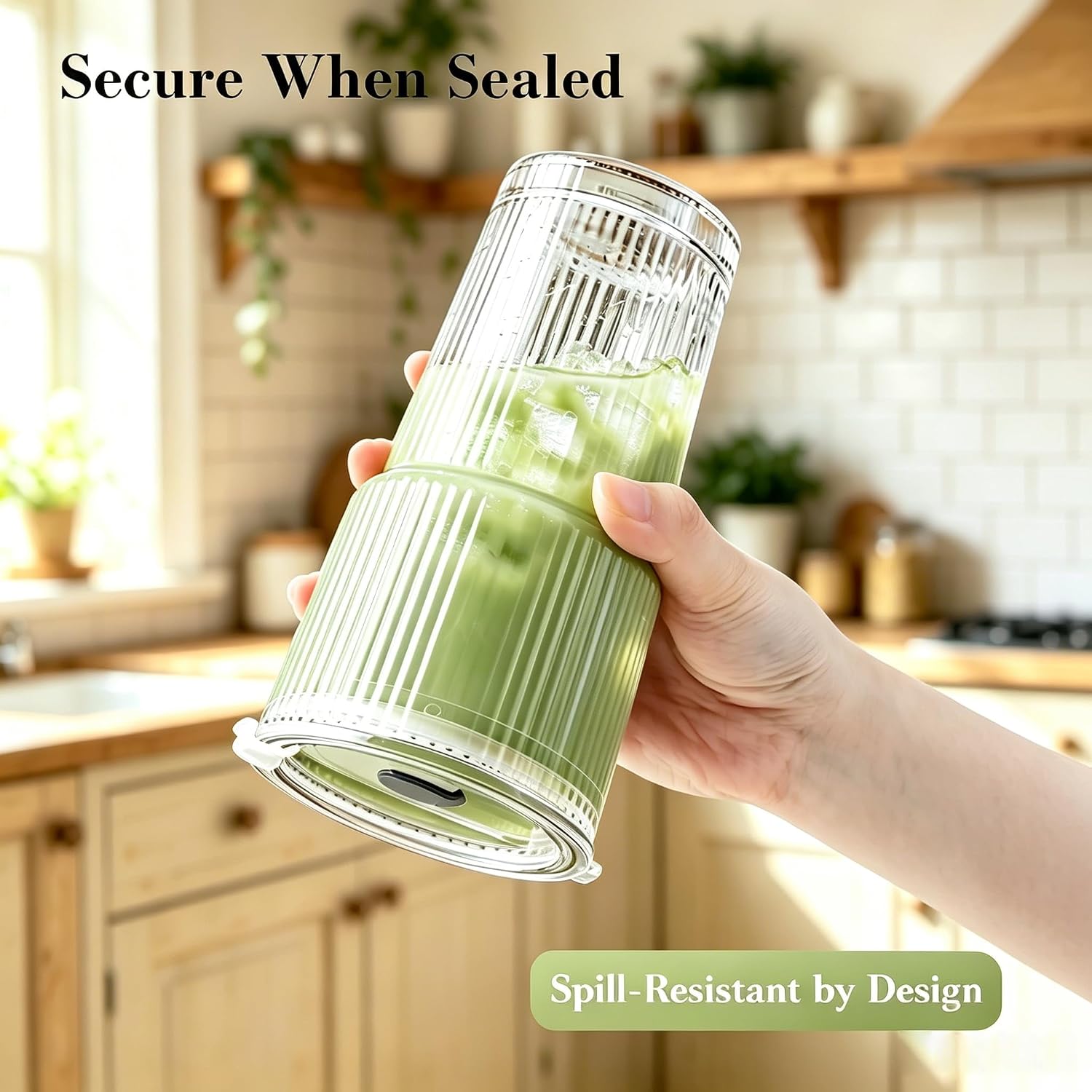 Glass Cups with Lids and Straws, 2Pcs 20oz Glass Coffee Cups Leak Proof | Ribbed Thick Reusable Glass Tumbler with Straw and Lid, Fits Car Cup Holder