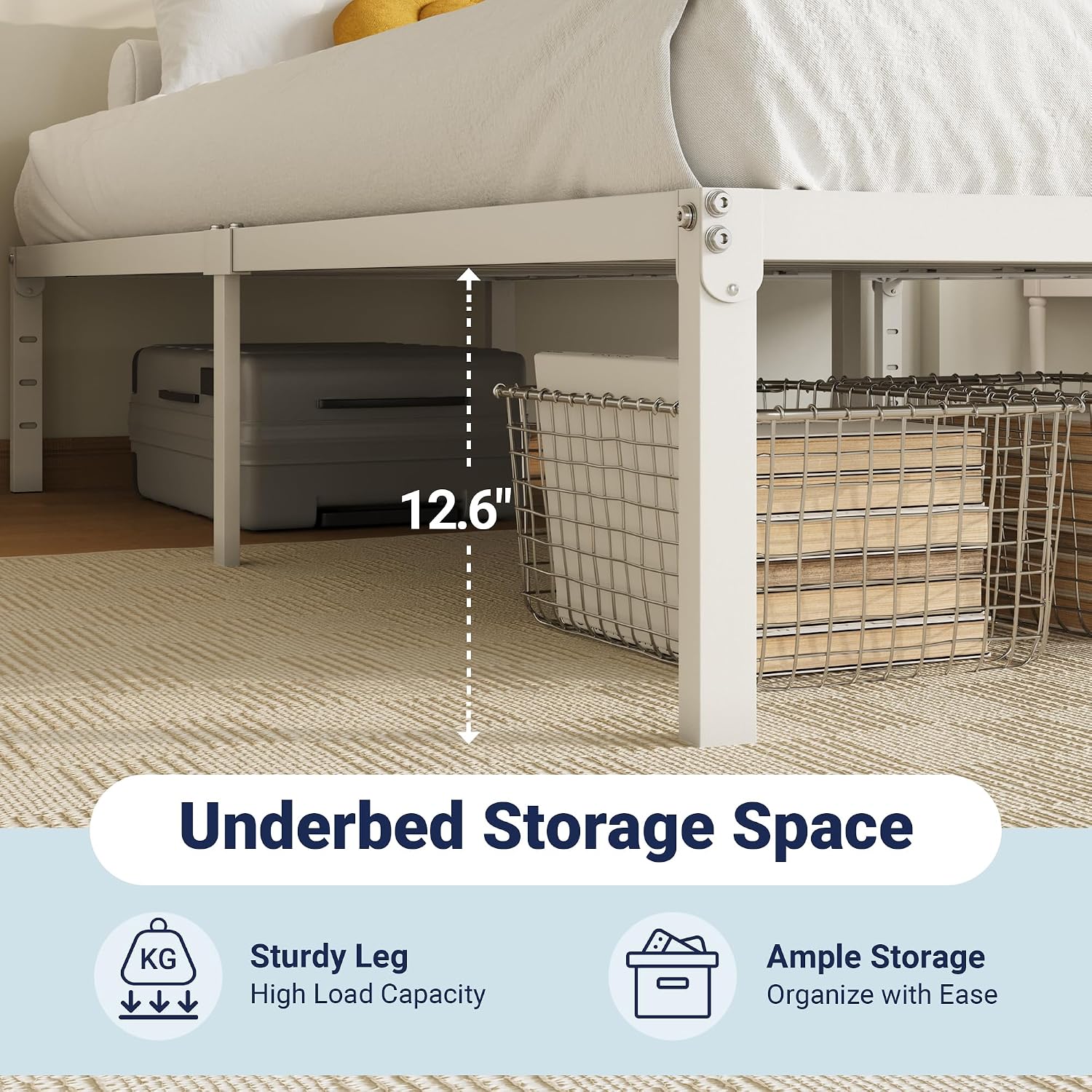 Allewie Full Size Bed Frame, 14 inch Metal Platform Beds with Storage Space, No Box Spring Needed and Easy Assembly, White