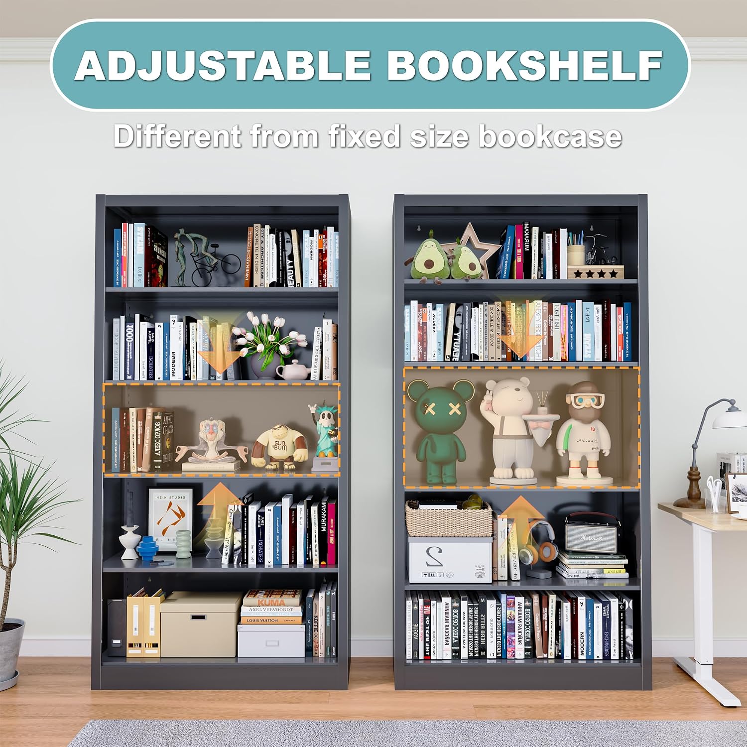 Bookcase,5 Tier White Bookshelves,66" Tall Free Standing Metal Bookcase with Adjustable Storage Shelves, Industrial Wide Bookshelf for Bedroom Living Room Home Office School