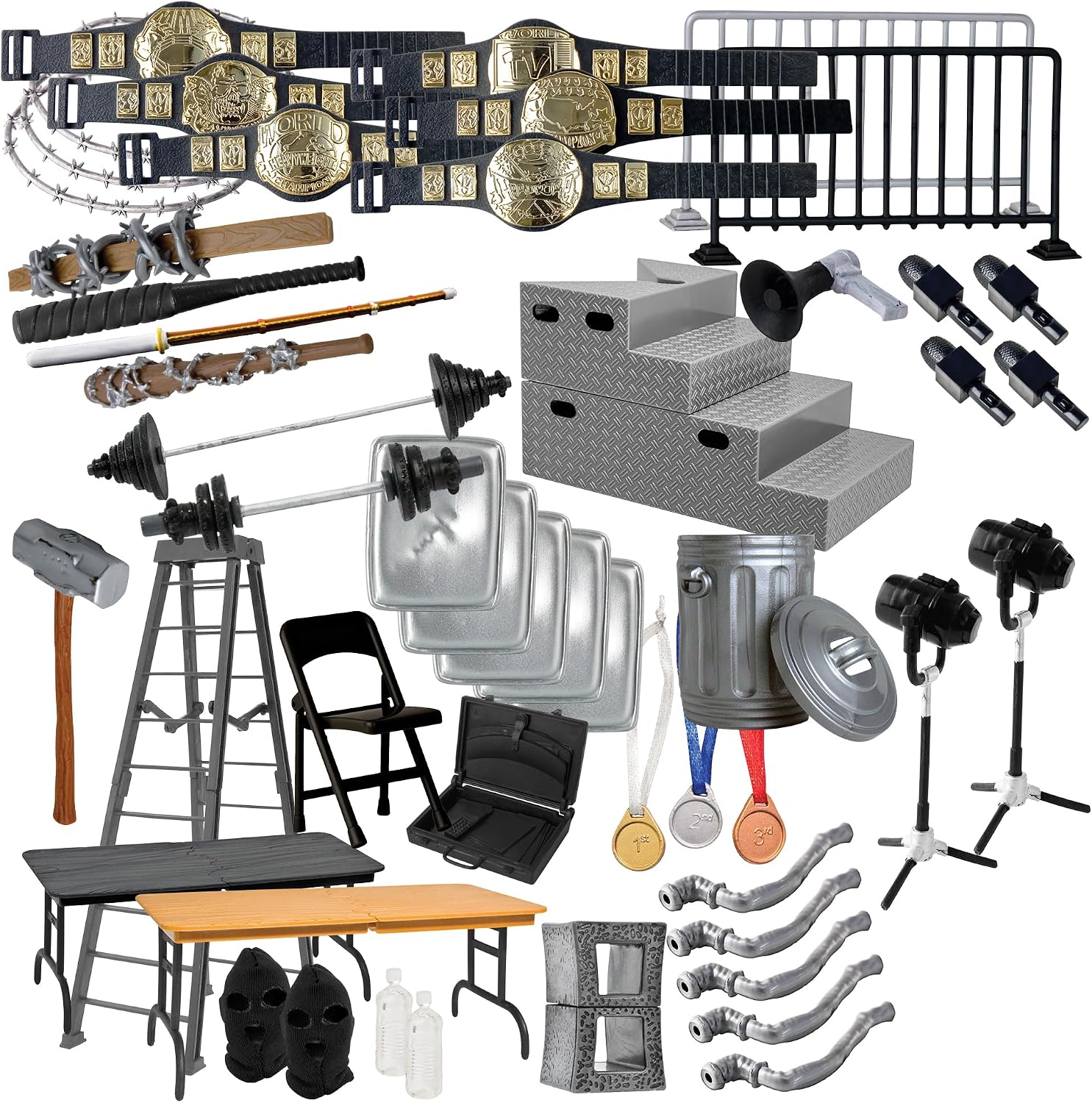 50 Piece Accessory Starter Kit for Wrestling Figures | Build an Entire Wrestling Figure Setup with 50 Accessories Including Tables, Belts, Ladders