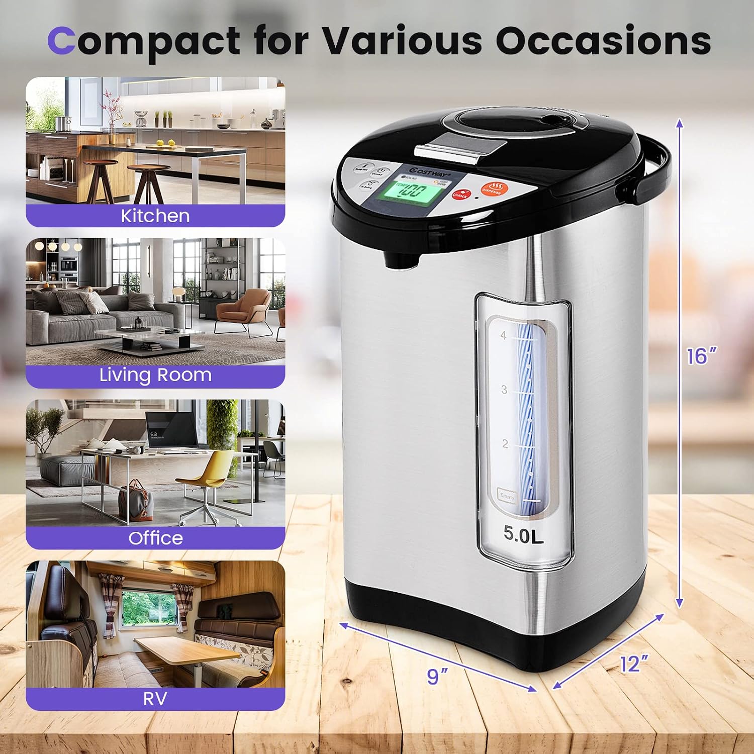 COSTWAY Instant Electric Hot Water Boiler and Warmer | 5-Liter LCD Water Pot with 5 Stage Temperature Settings, Safety Lock to Prevent Spillage