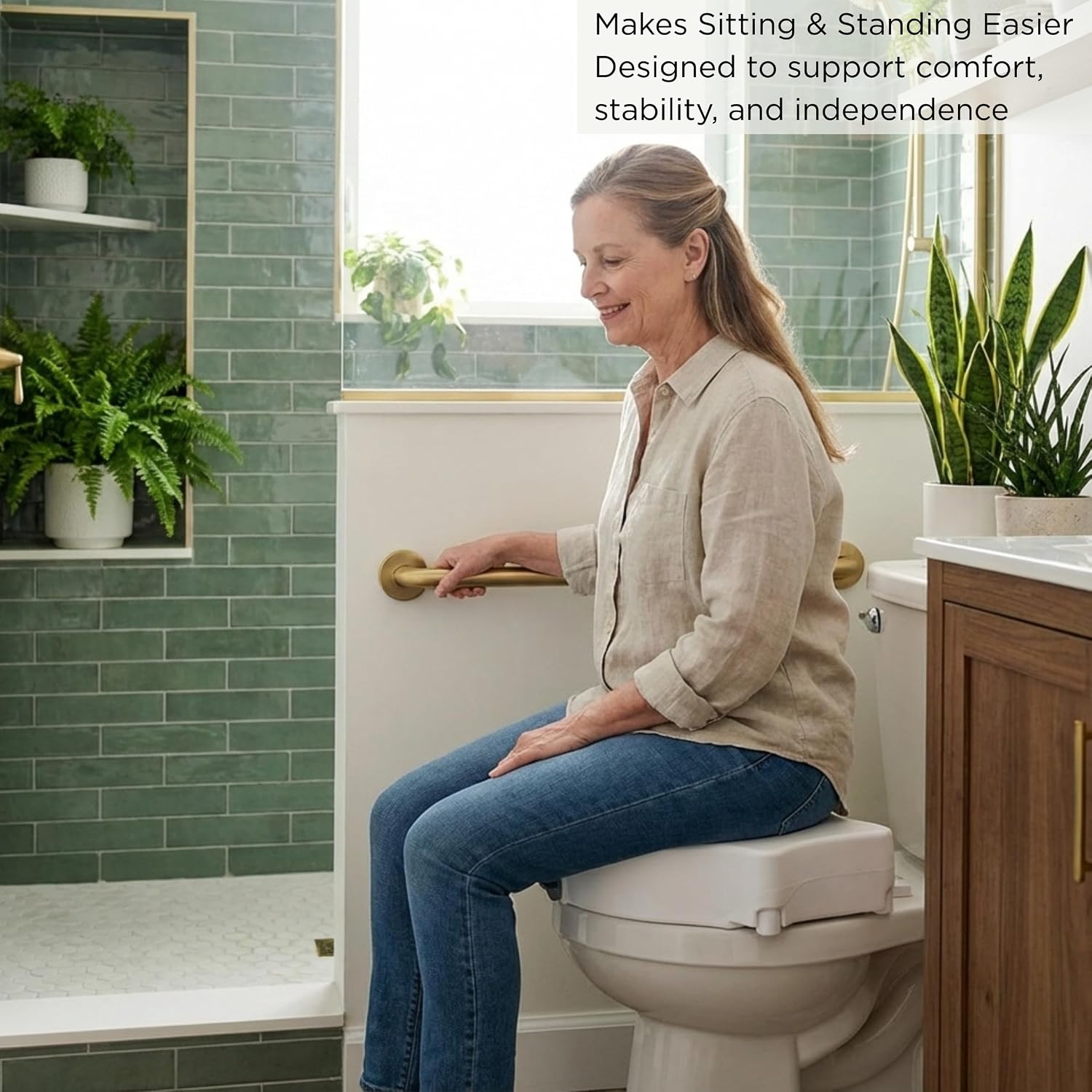NOVA Toilet Seat Riser with Arms – Adds 5” Height, Raised Toilet Seat with ON/Off Front Lock, Adjustable & Removable Padded Arms (17.75”–20”), 300 lb Capacity, Safety Aid for Seniors