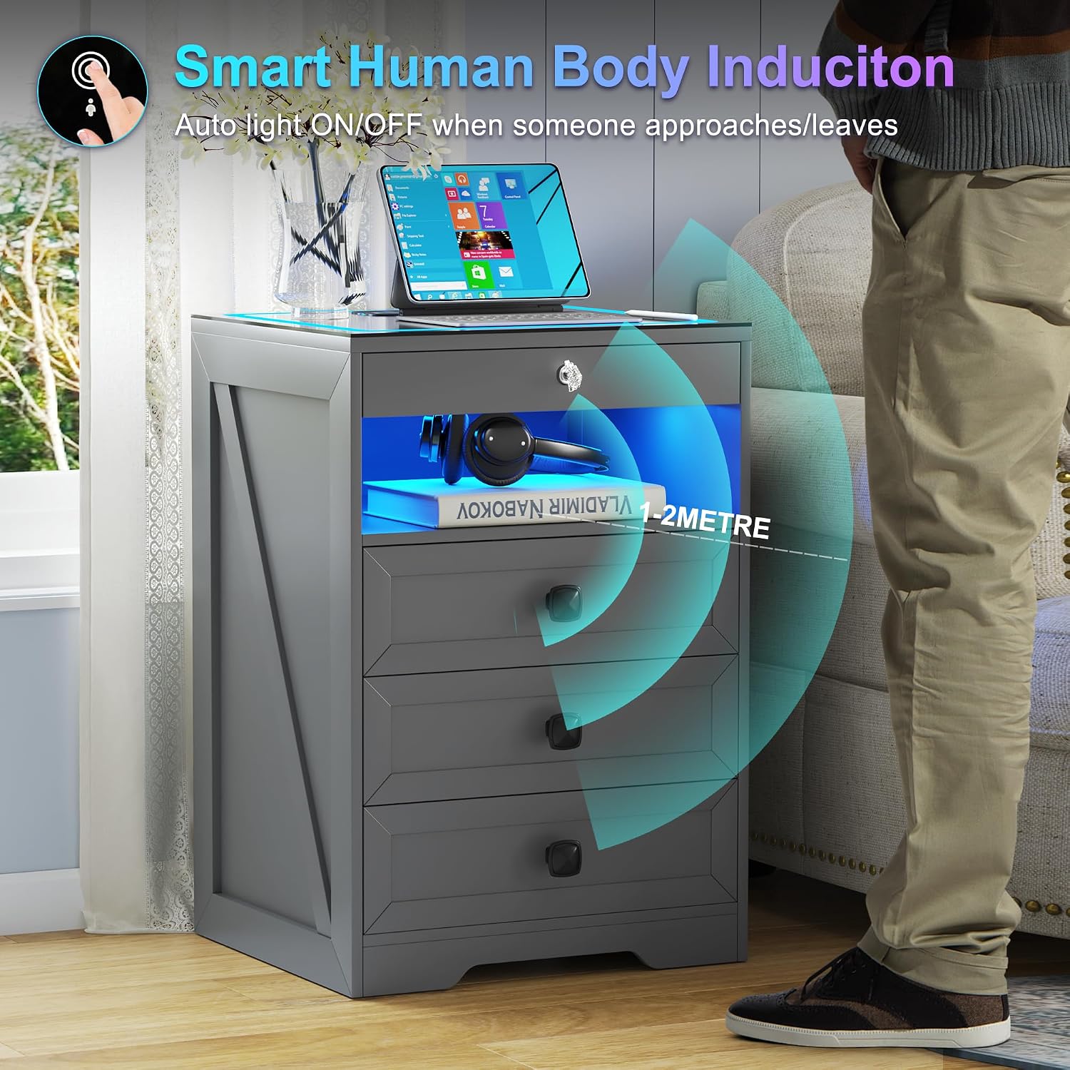 Lvifur LED Nightstand with Lockable Gun Drawer and Human Sensor, Black | USB & Type-C Charging Station, 3 Dimmable Lights, Adjustable Brightness, 3 Drawers, Farmhouse Style, Human Body Induction