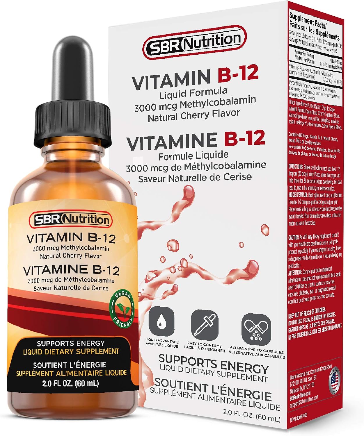 SBR Nutrition Vitamin B12 Sublingual Liquid Drops - Methylcobalamin, VIT B 12 Supports Energy, Max Absorption, 3000mcg Per Serving, 60 Servings