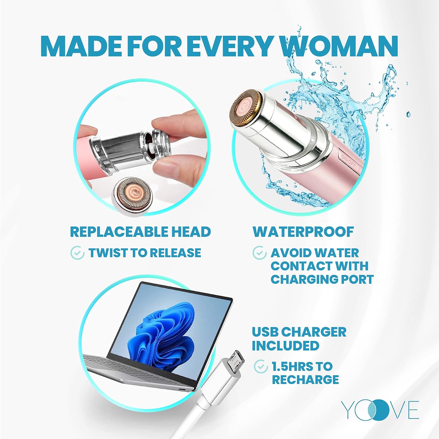 Yoove Rose Pink Rechargeable Device for Facial Hair Removal for Women - Waterproof Facial Hair Remover for Women