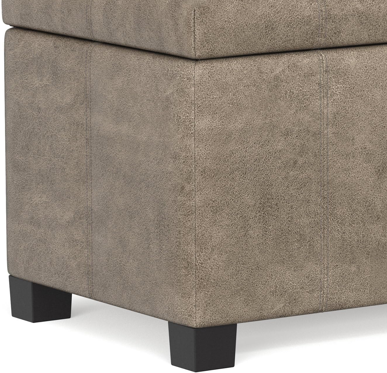 SIMPLIHOME Dover 36" Wide Vegan Leather Storage Ottoman in Midnight Black | Distressed umber brown, contemporary ottoman with lift-top and safety hinges; rectangle storage bench for living room.
