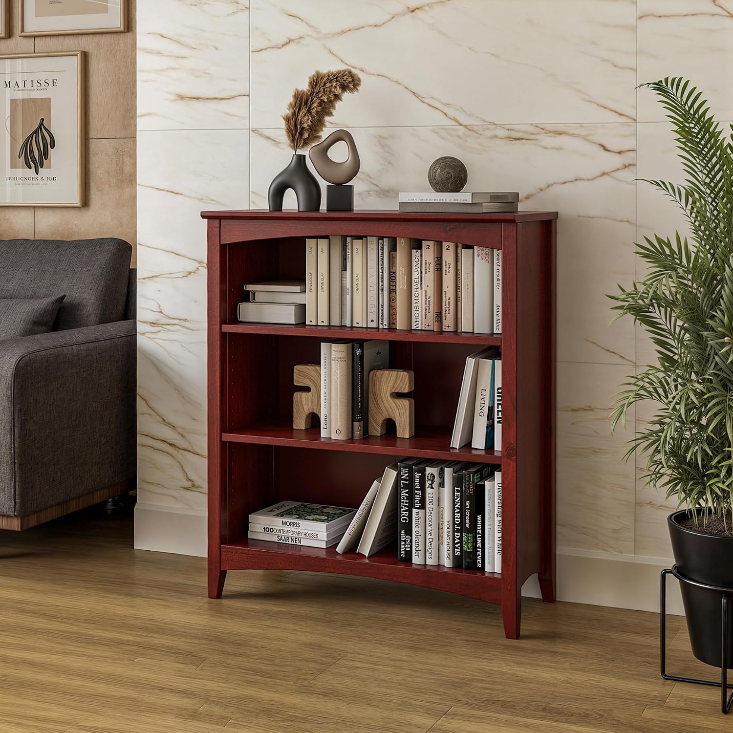 Shaker Style 3 Shelf Bookcase / Solid Wood / 36" High / Adjustable Shelving / Closed Back / Display Bookshelf for Living Room, Bedroom, Home and Office, White