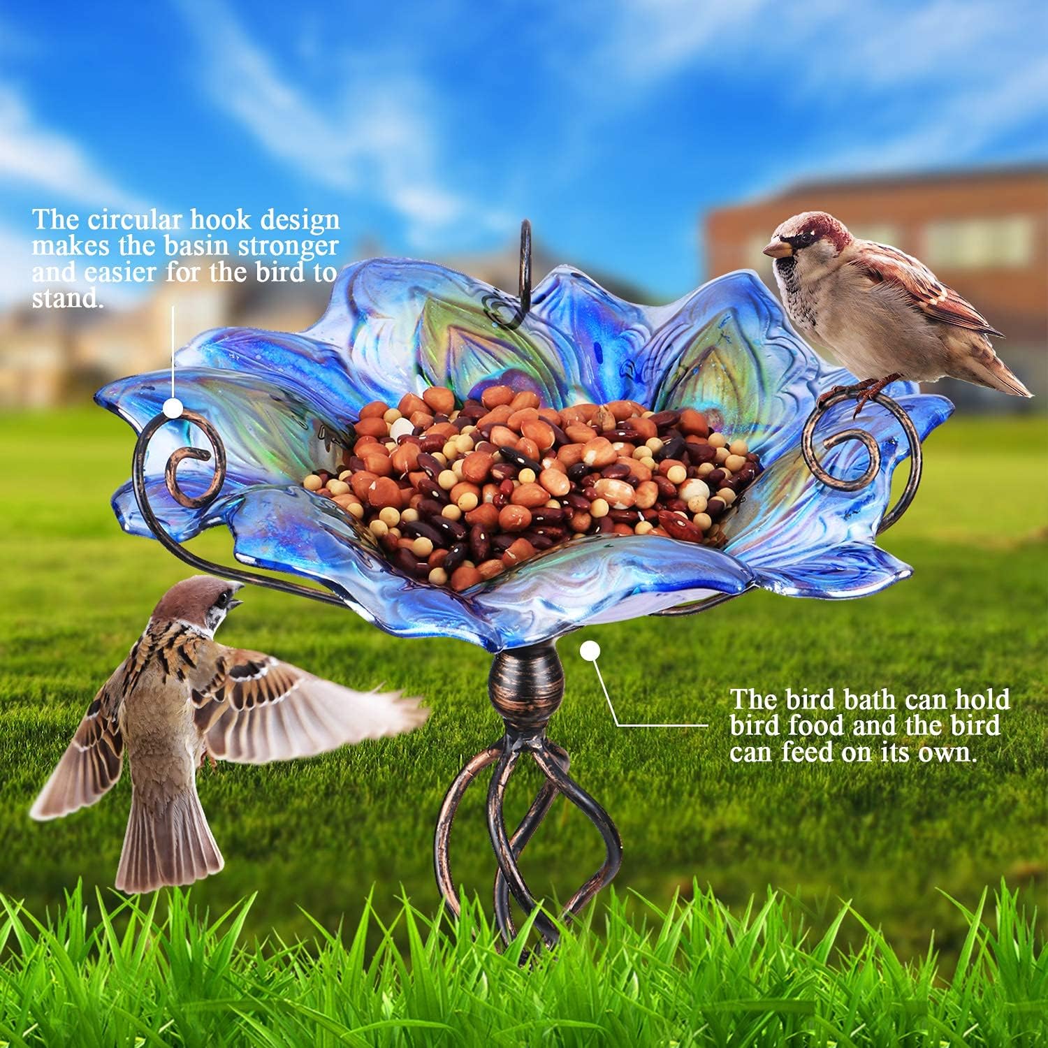VCUTEKA Glass Bird Bath Outdoor Birdfeeder with Metal Stake Garden Decor