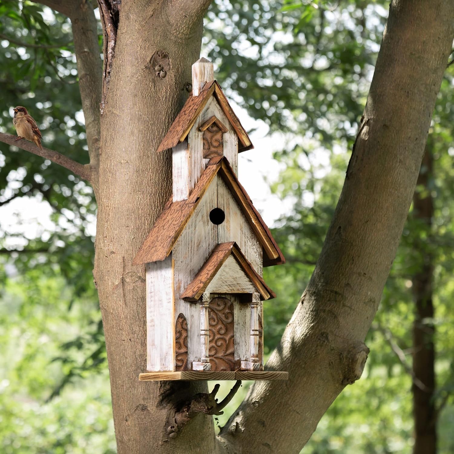 Glitzhome Rustic Hand Painted Wooden Church Birdhouse, Extra-Large 23.62" H Hanging Bluebird Houses for Outside