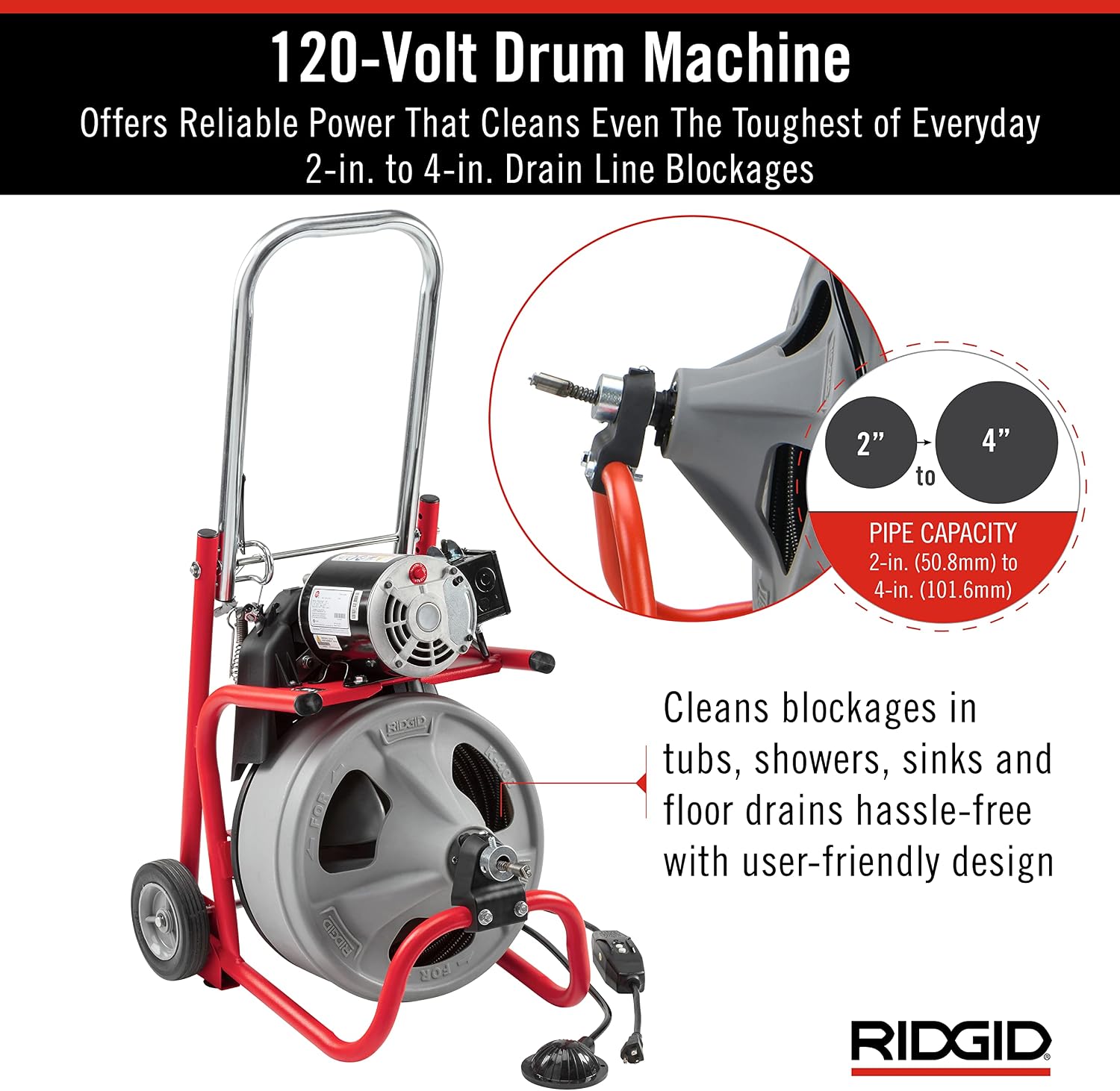 RIDGID 26998 Model K-400 Drain Cleaning 120-Volt Drum Machine Kit with C-45IW 1/2" x 75' Cable, White, Black, Red
